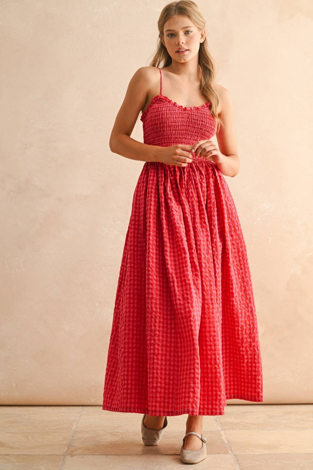 Betsy Gingham Print Maxi Dress - Cherry
