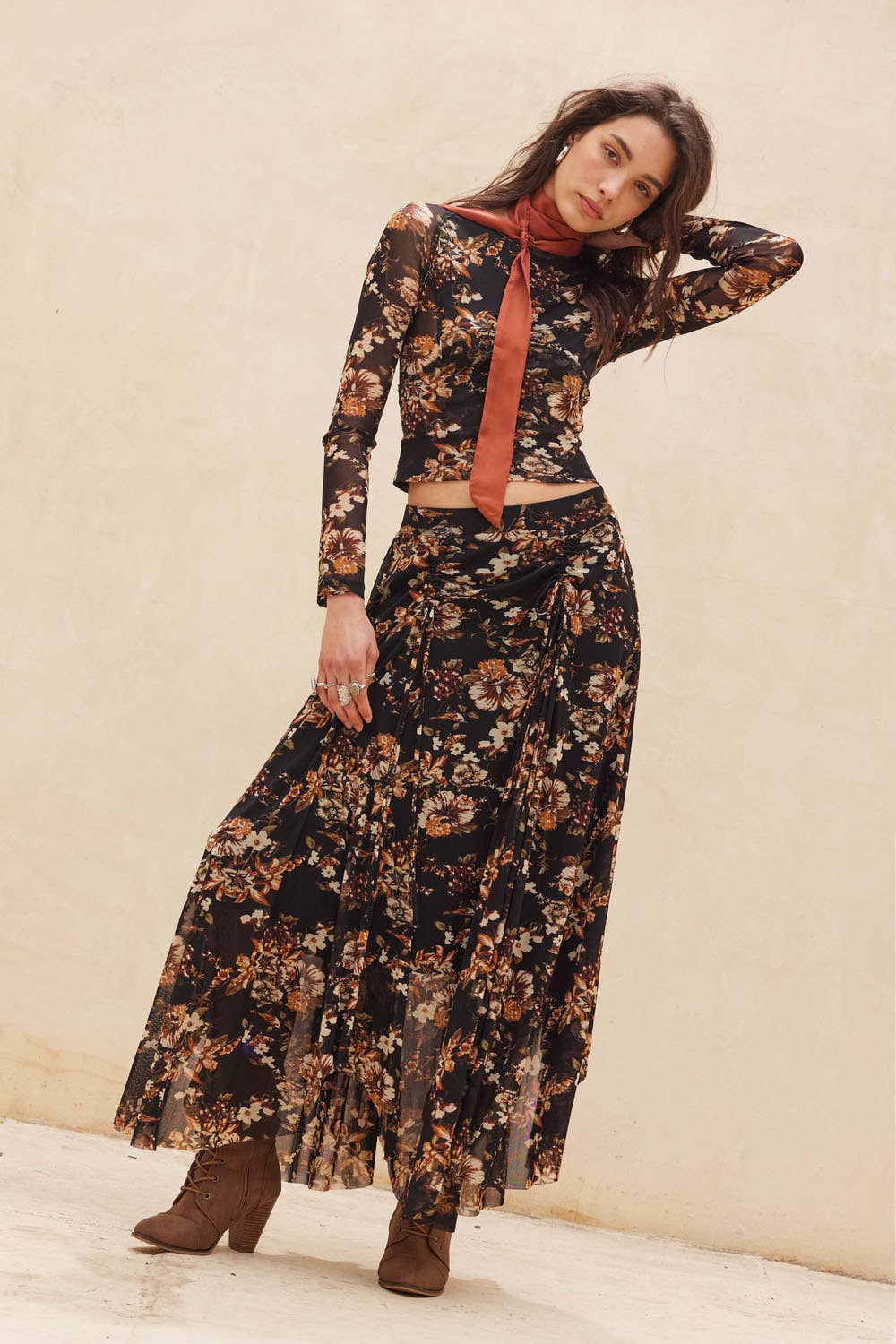 Dark Floral Print Maxi Skirt