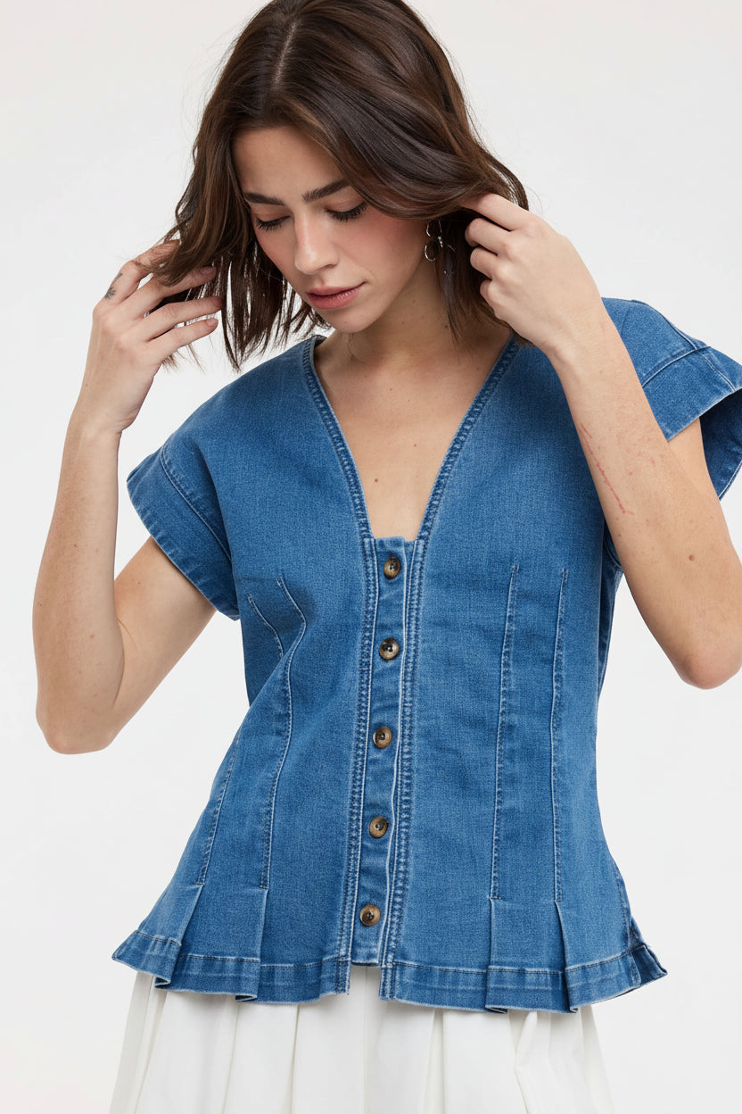 Pleated Sleeveless Denim Top