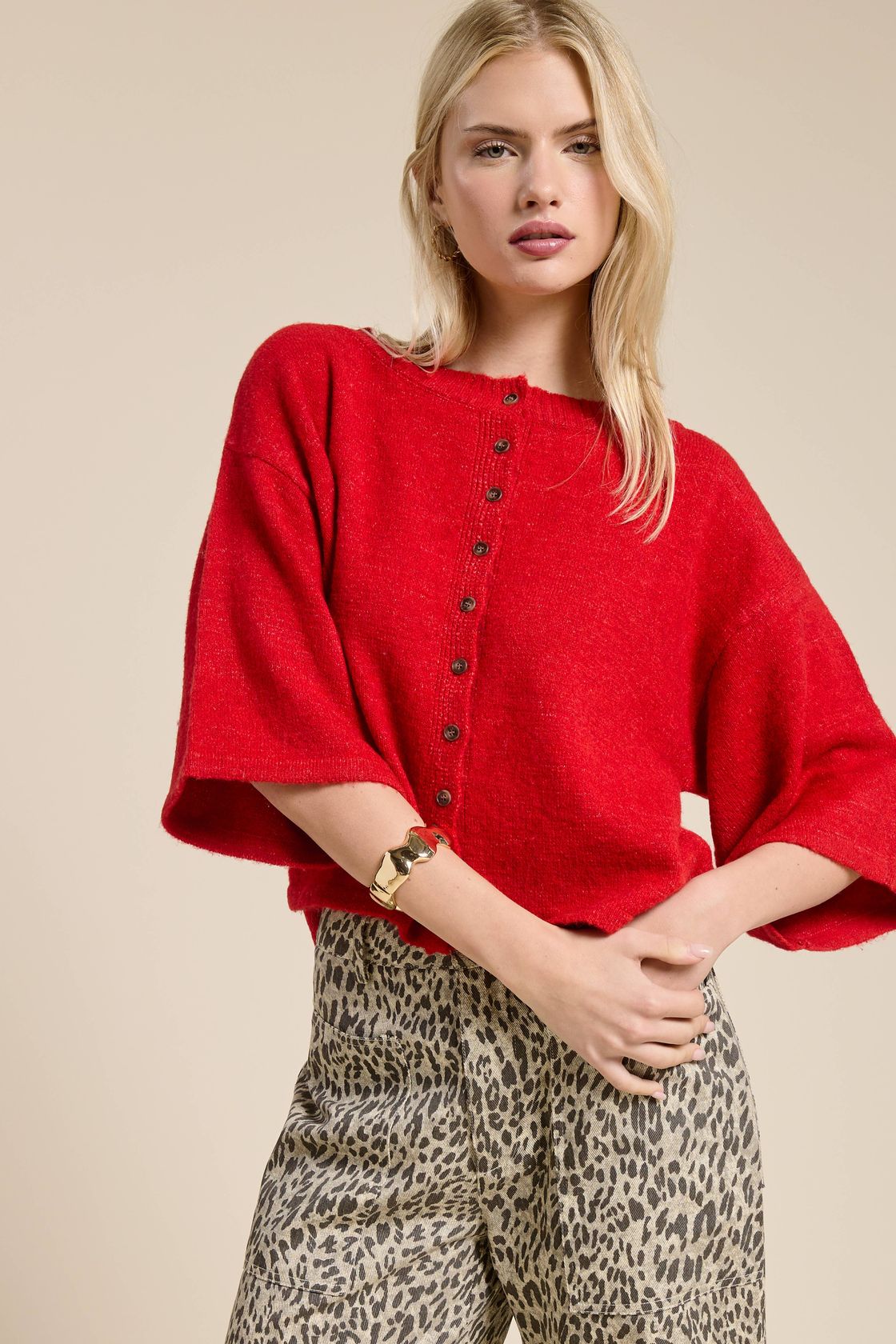 Short Sleeve Knit Cardigan - Red