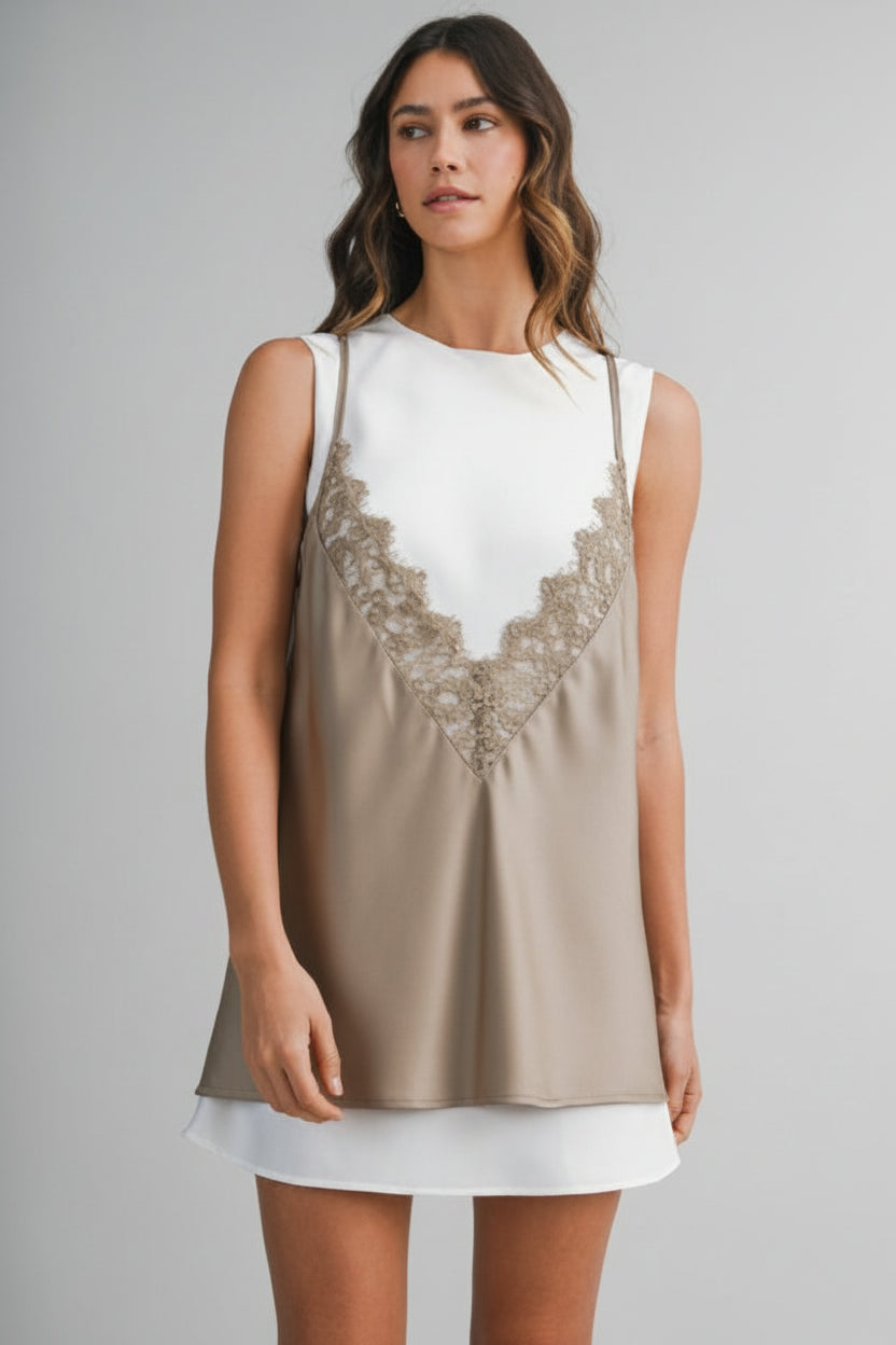 Solid Lace Overlay Dress - Mocha