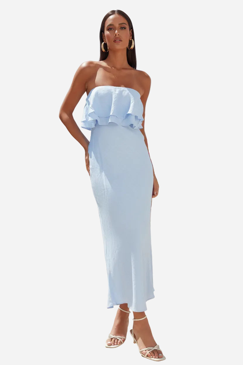 Baby Blue Strapless Ruffle Maxi Dress