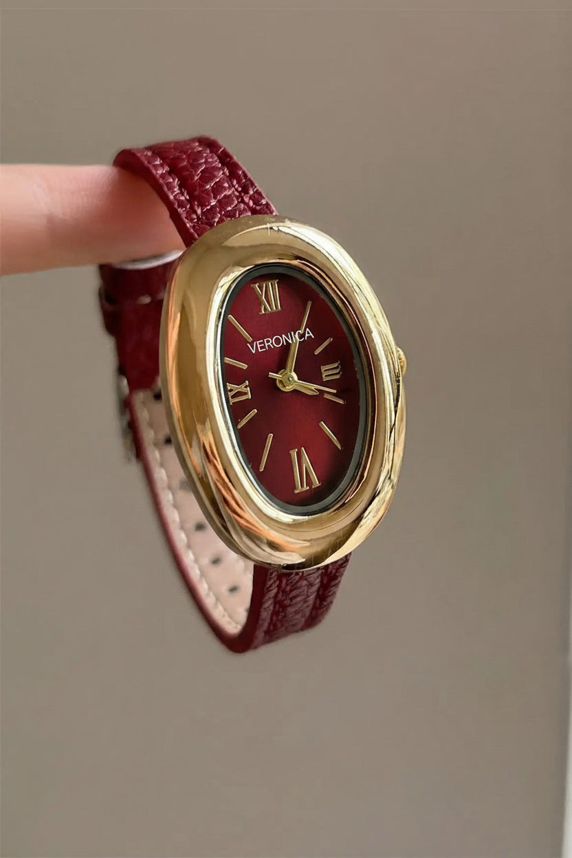 Leather Strap Vintage Oval Watch - Red