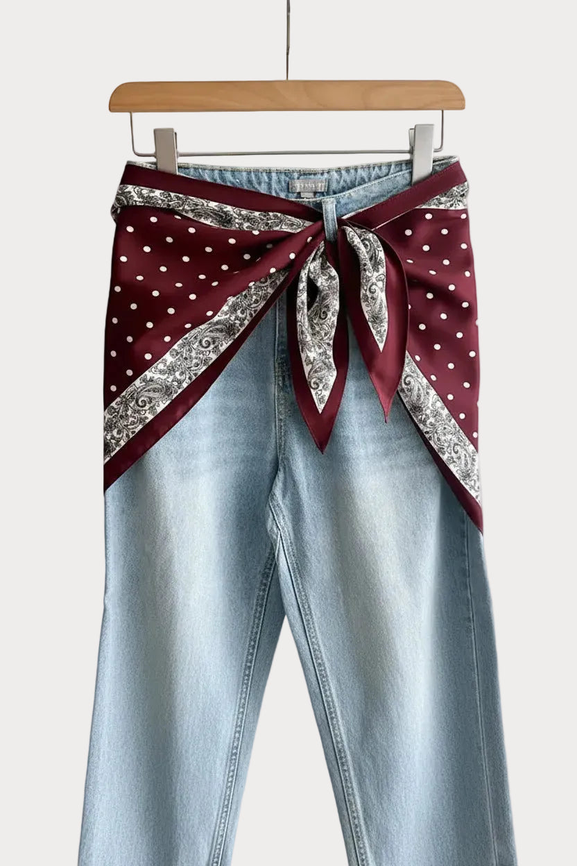 Polka Dot Silky Waist Belt Scarf - Wine