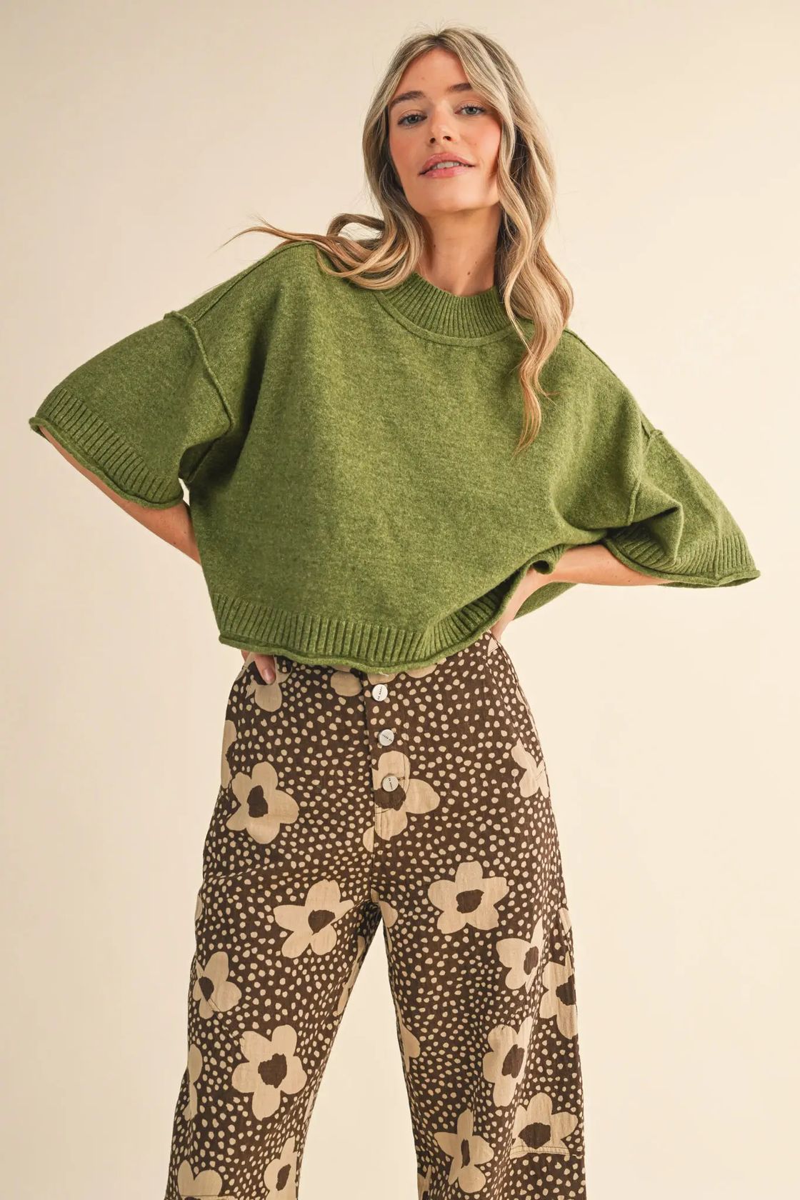 Cropped Knit Short Sleeve Sweater - Olive Green