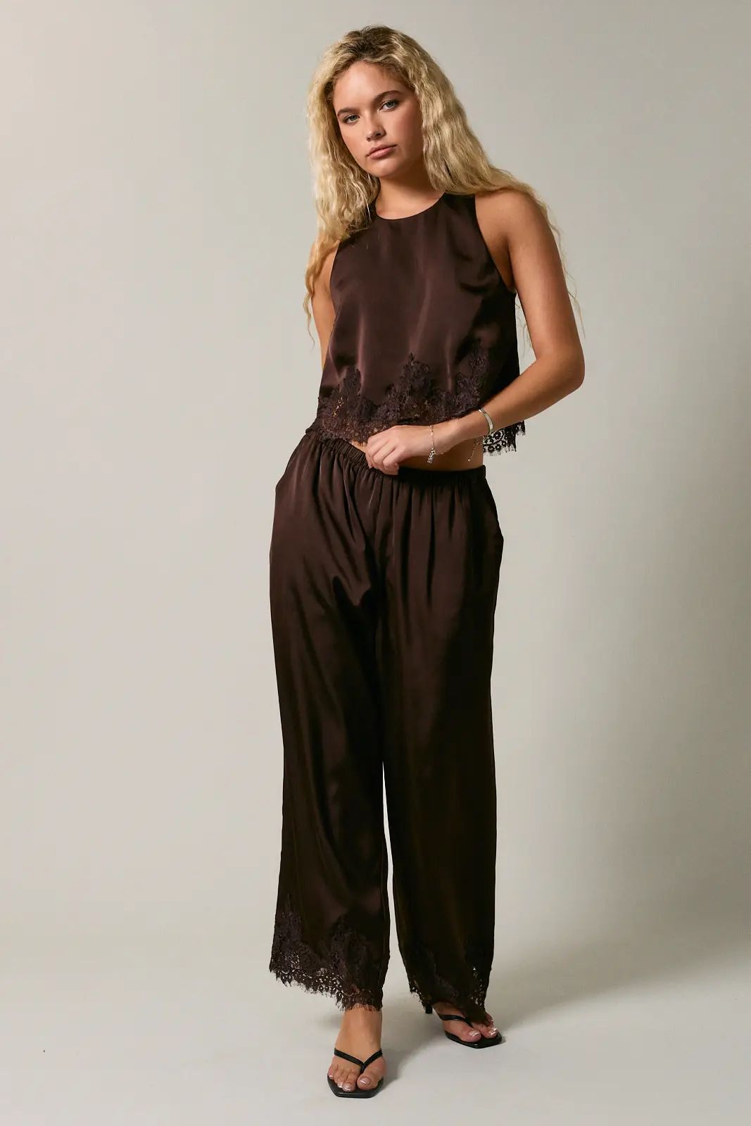 Satin Lace Trim Pants - Brown