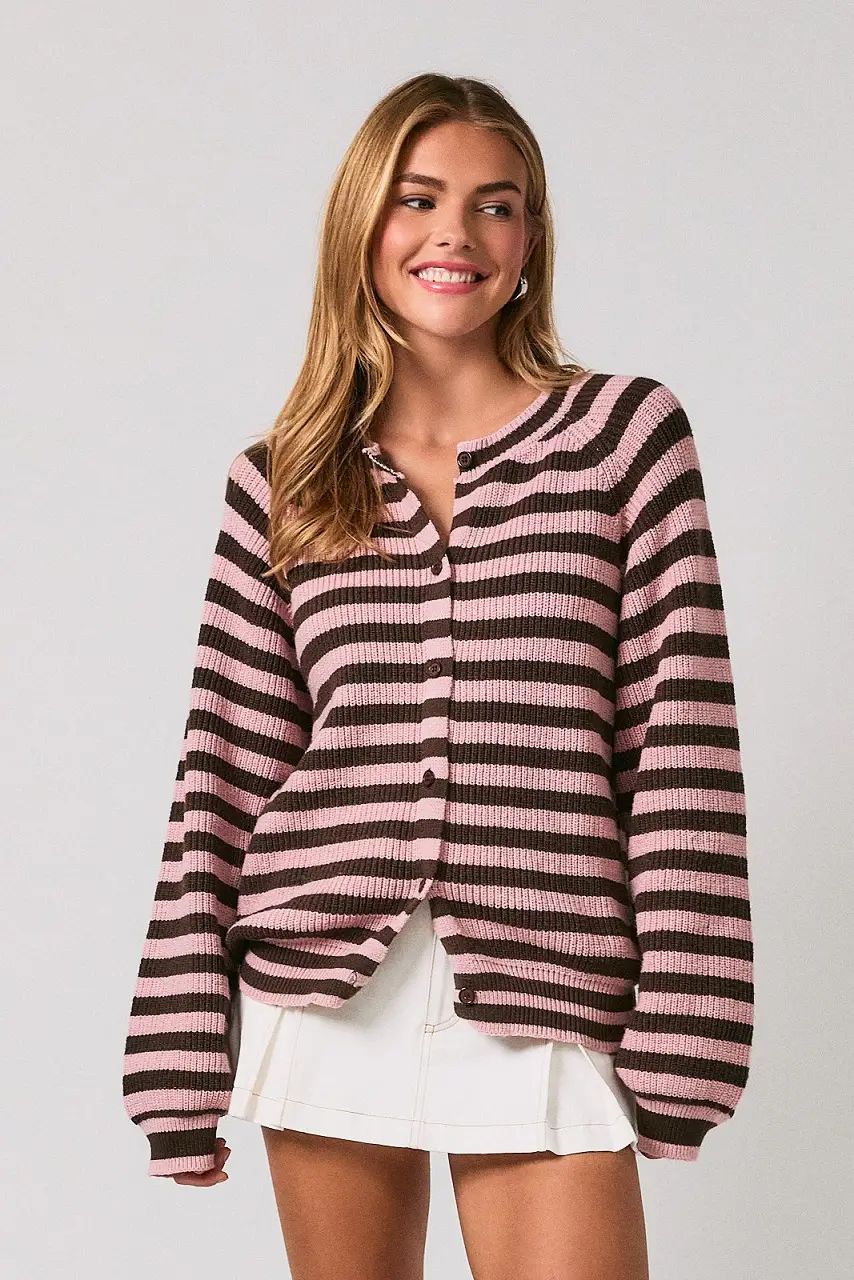 Striped Knit Cardigan - Blush Brown