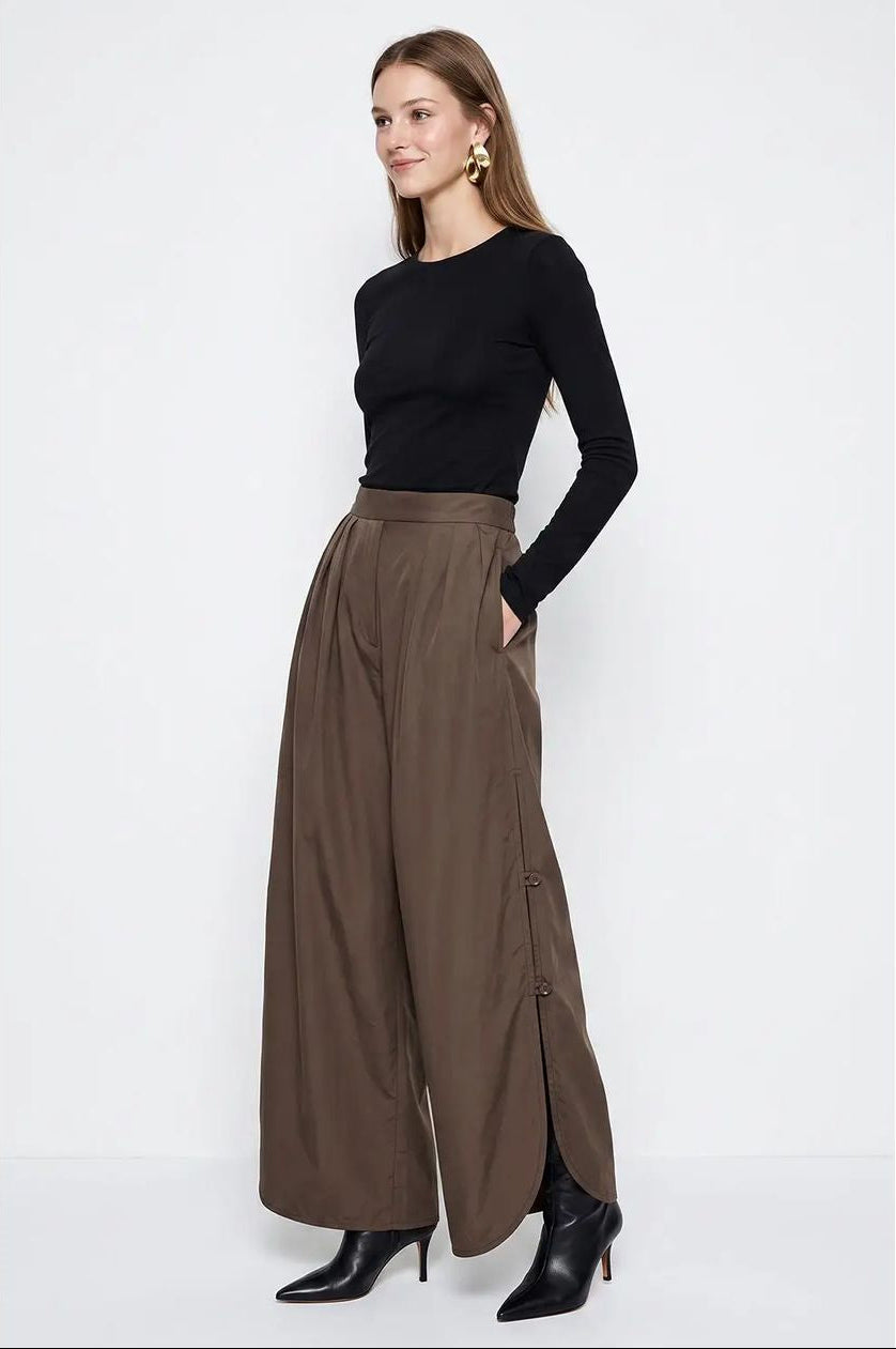 Button Side Slit Wide Leg Pants