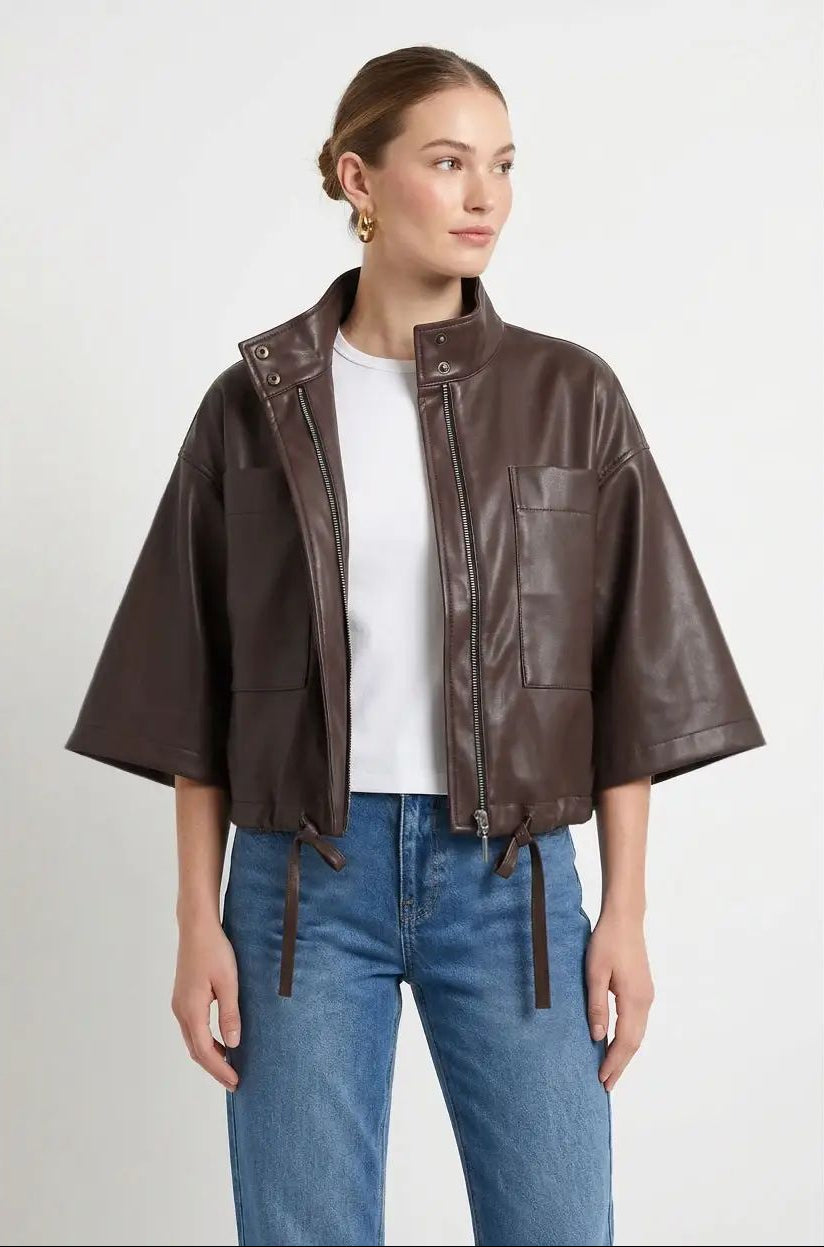 Drawstring Boxy Leather Jacket - Chocolate