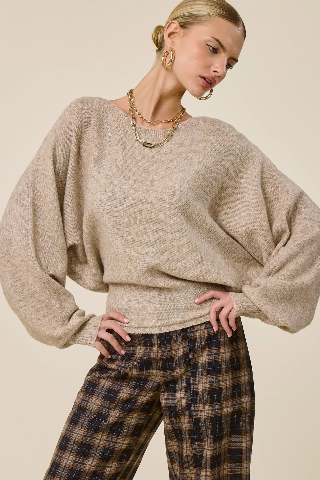 Slouchy Dolman Sleeve Knit Sweater - Cappuccino