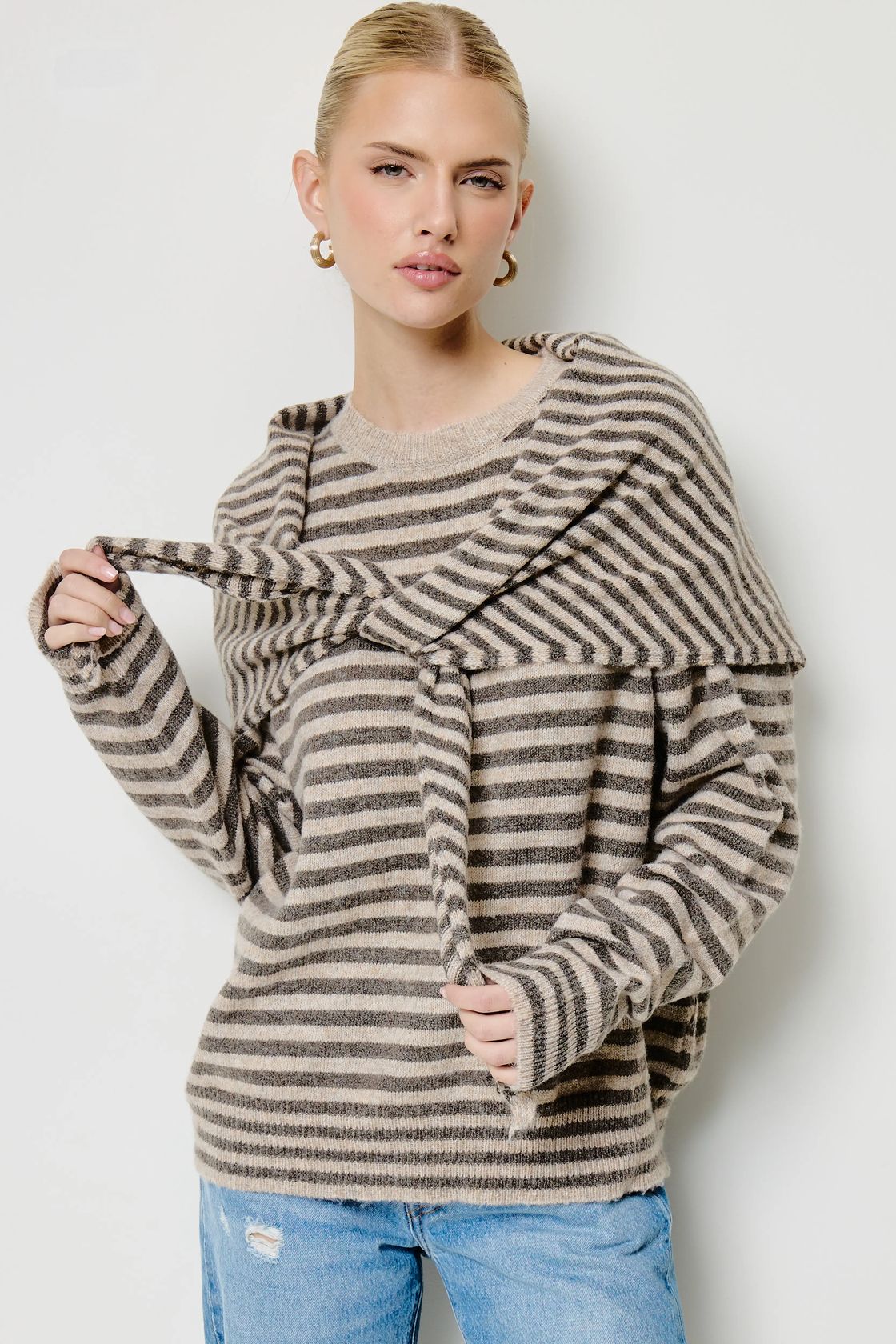 Stripe Knit Sweater Matching Scarf Set
