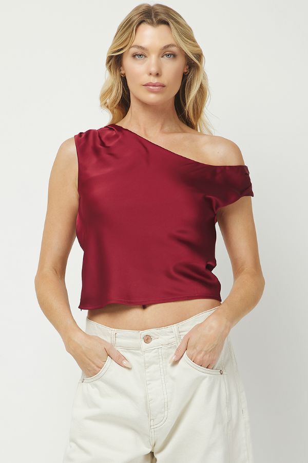 Off Shoulder Satin Top - Wine