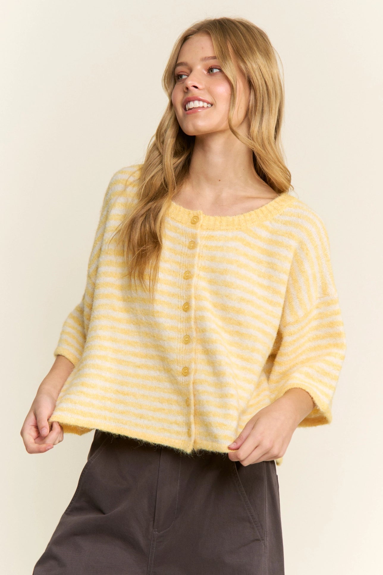 Olivia Striped Button Down Cardigan - Yellow