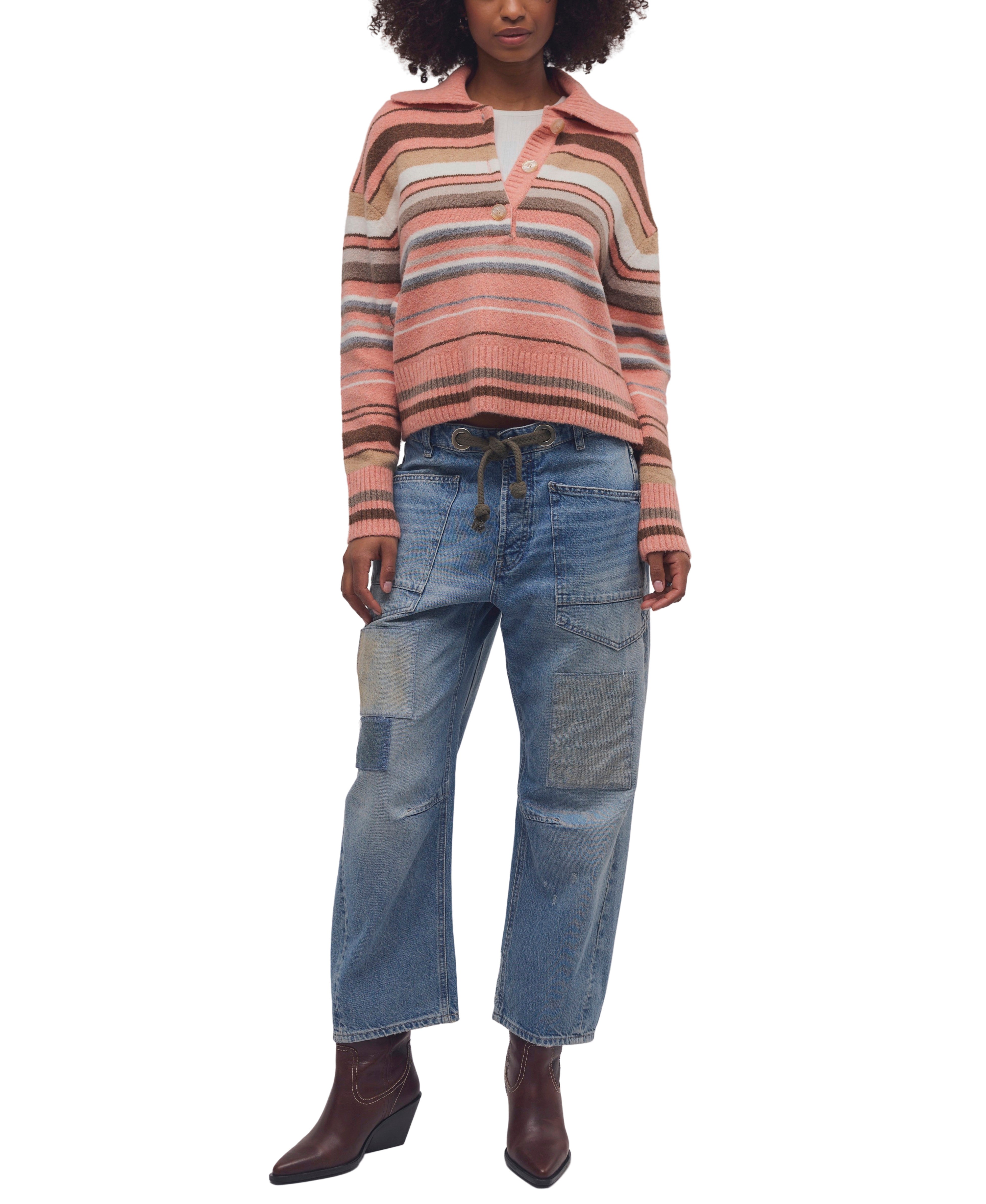 Free People - Trading Up Stripe Pullover - Peach Combo