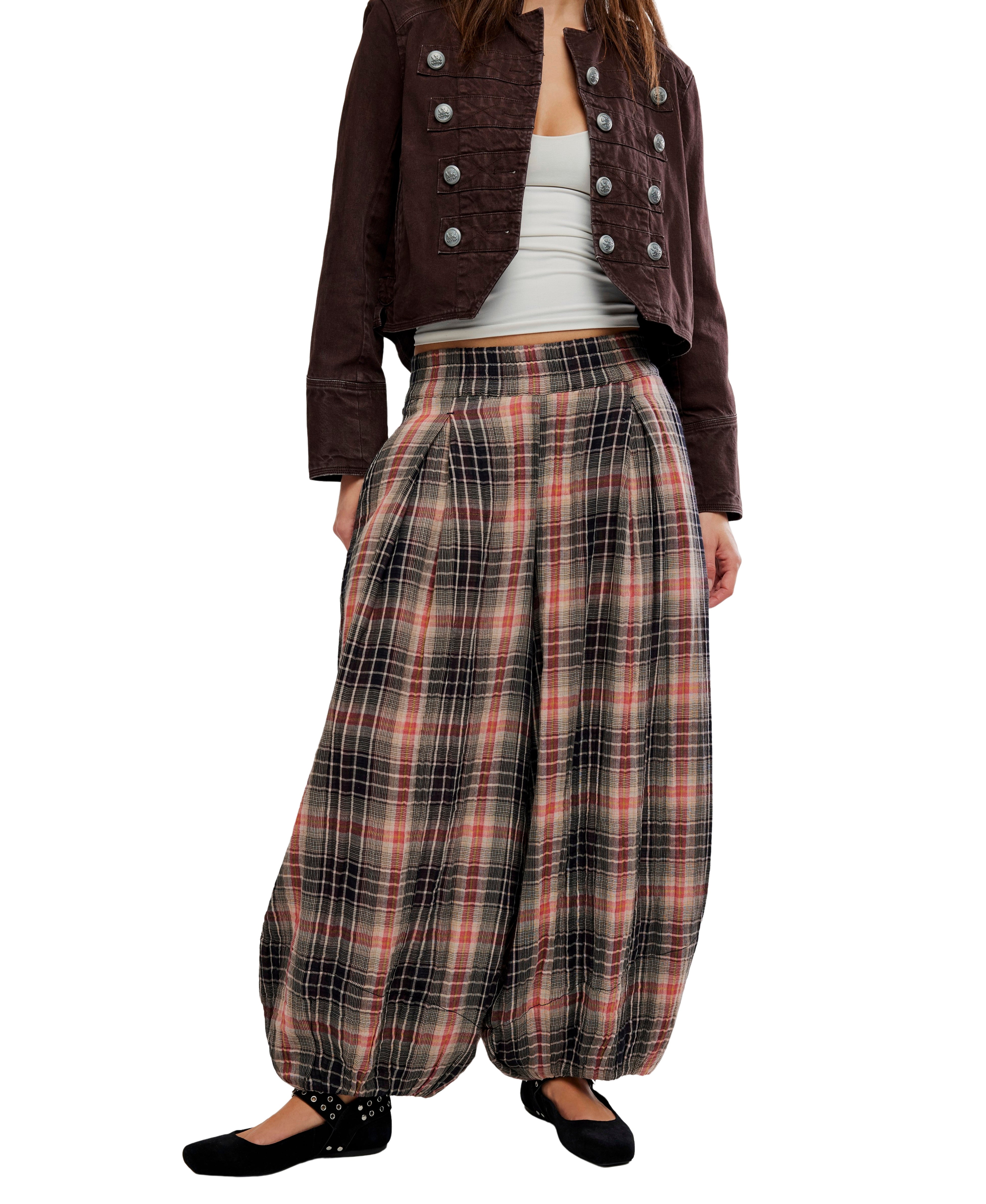 Free People - Moonflower Plaid Balloon Pants - Black