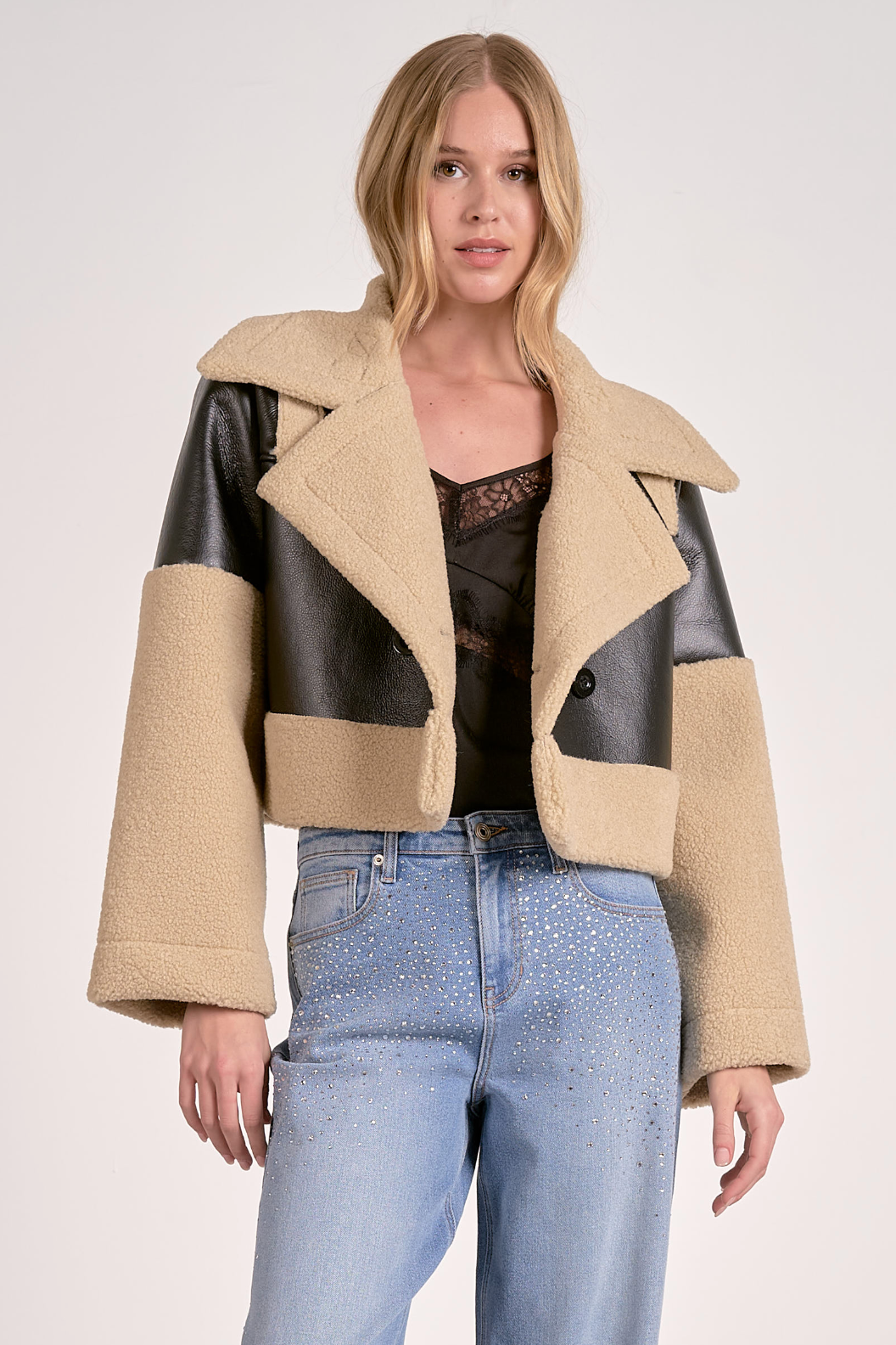 Cropped Leather Sherpa Jacket