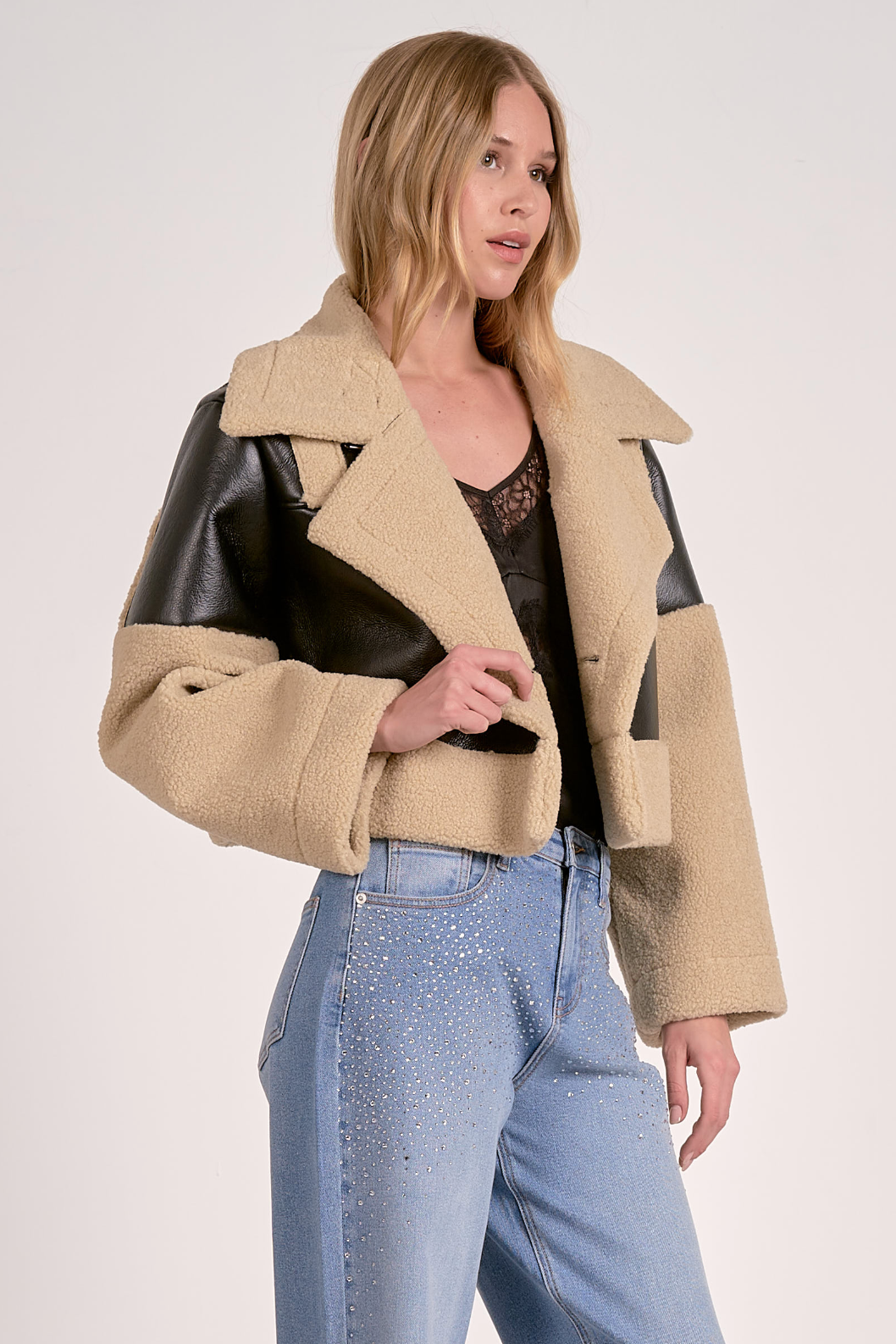 Cropped Leather Sherpa Jacket