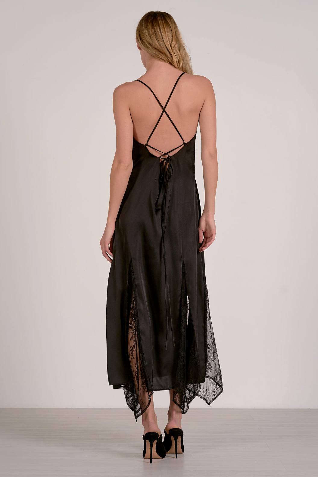 Satin Lace Slip Maxi Dress - Black
