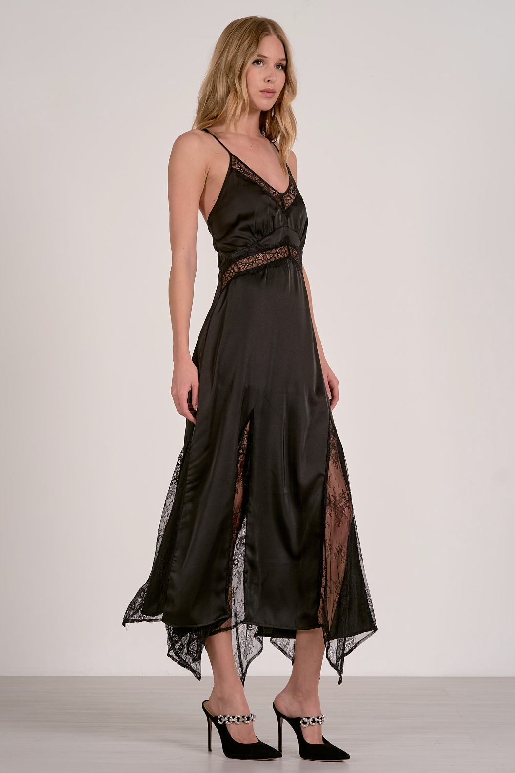Satin Lace Slip Maxi Dress - Black