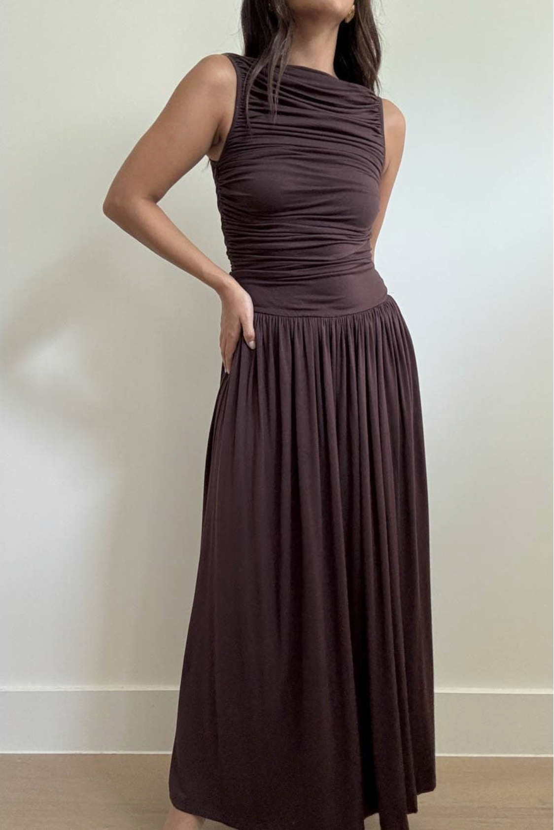 Boat Neck Ruched Maxi Dress - Chocolate