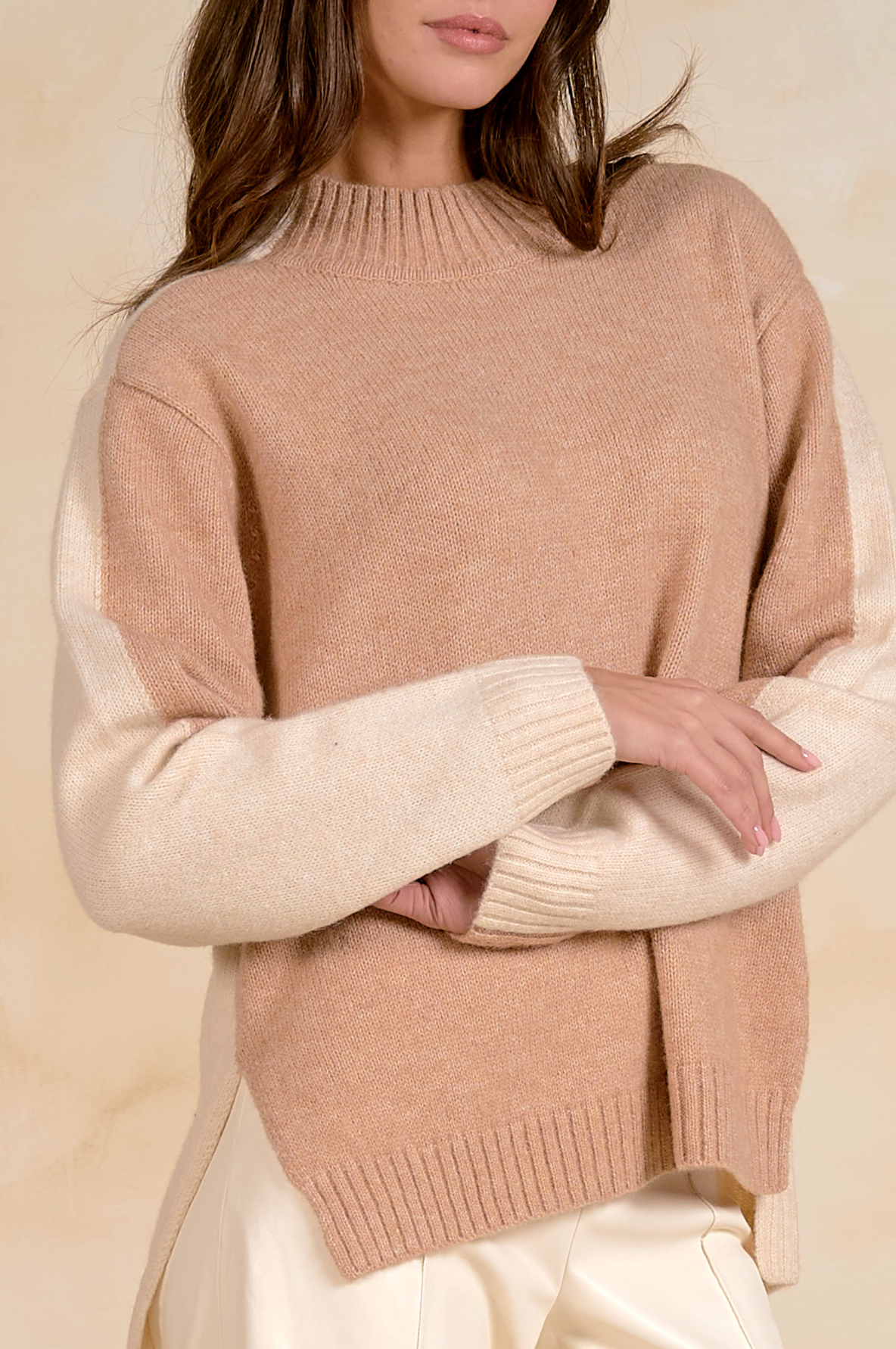 Two Tone Knit Sweater - Tan