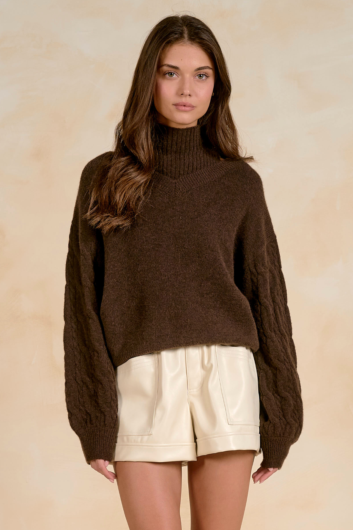Double Layered Turtleneck Sweater - Brown