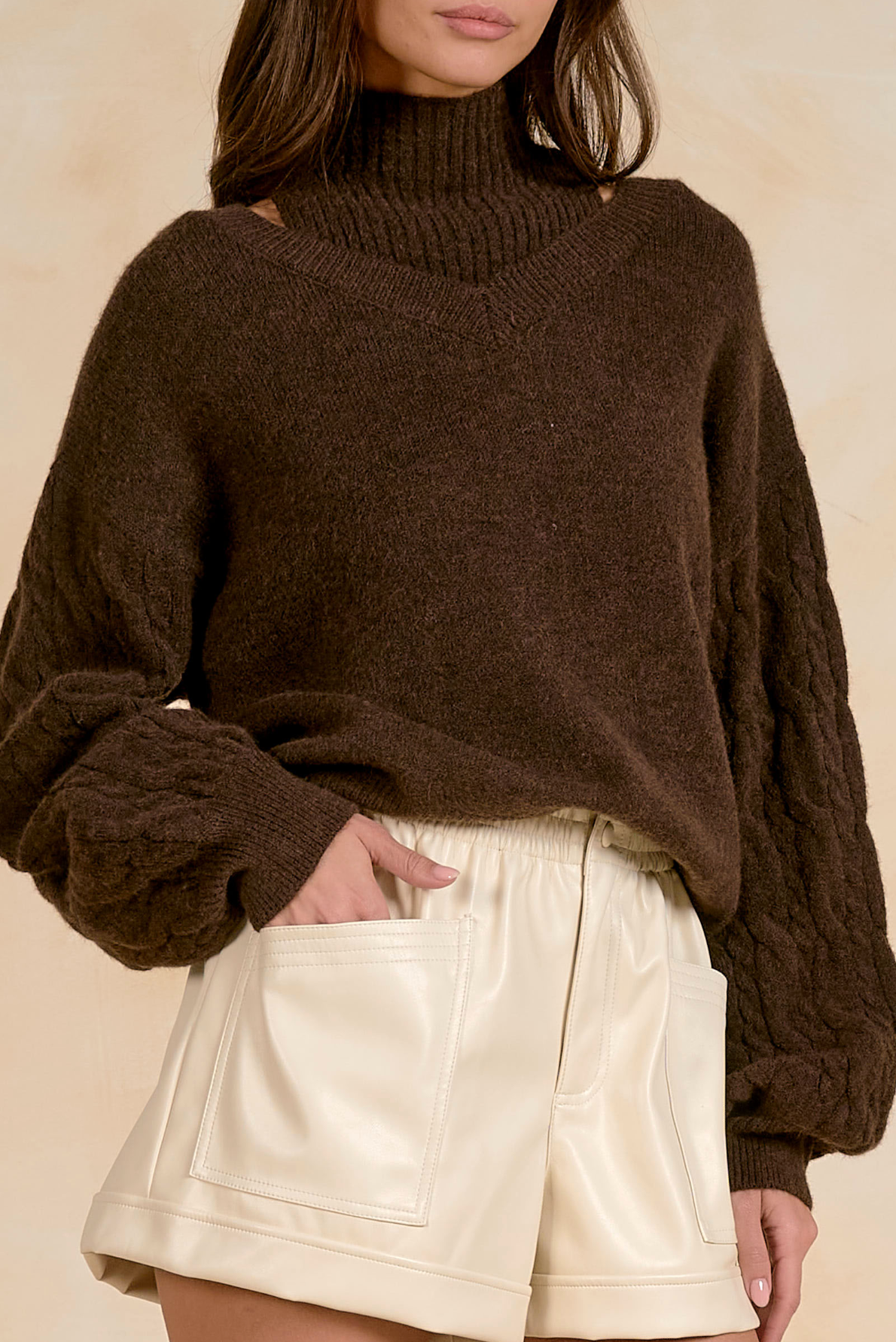 Double Layered Turtleneck Sweater - Brown