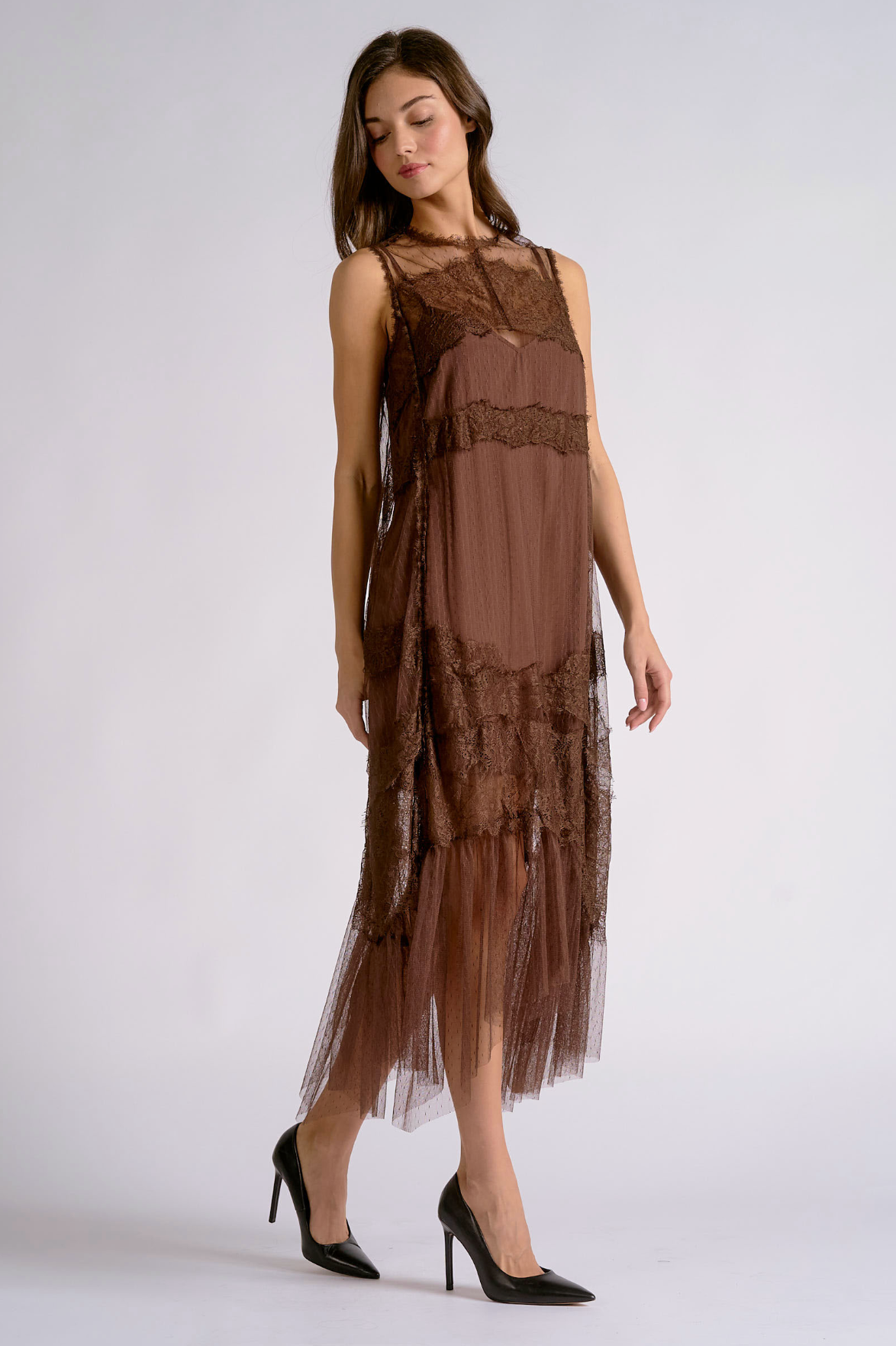 Dani Lace Midi Dress - Brown