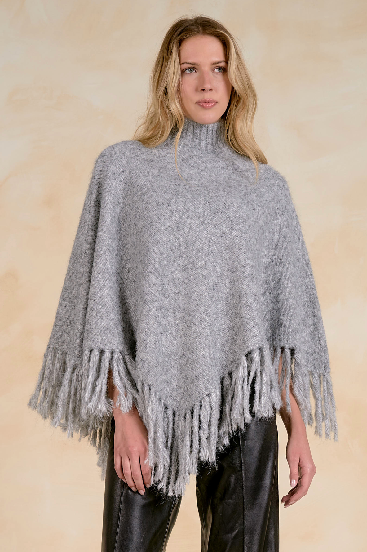 Fringe Poncho - Grey