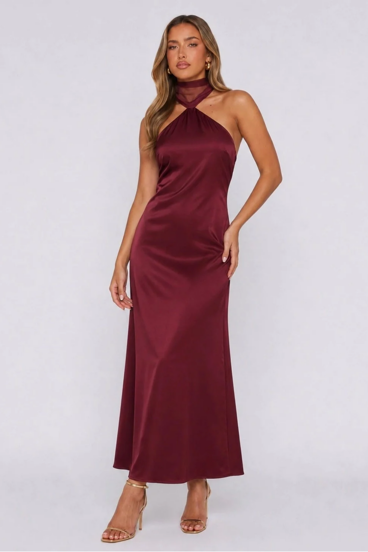 Satin Halterneck Maxi Dress - Wine