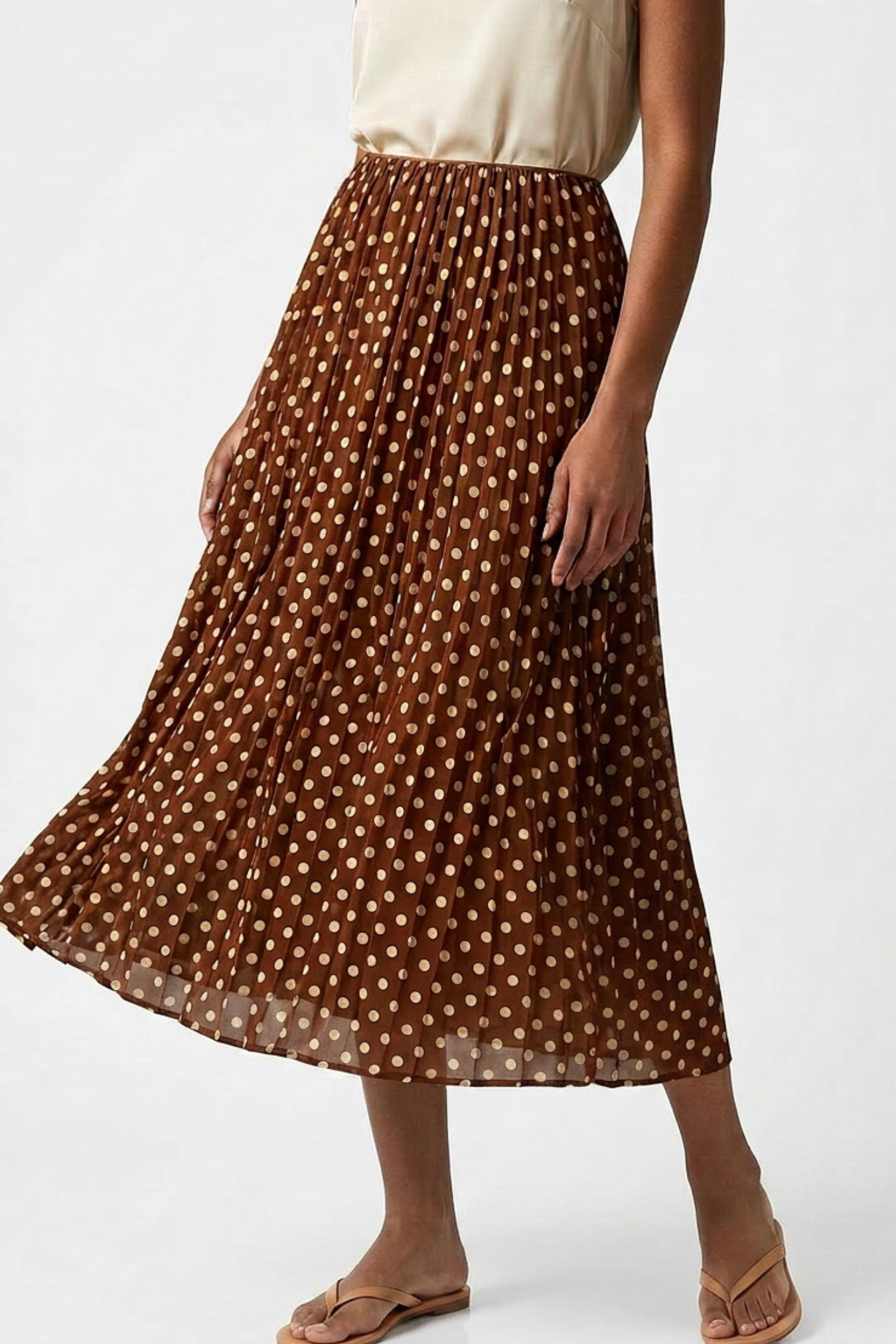Polka Dot Pleated Chiffon Midi Skirt