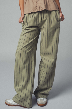 Striped Linen Wide Leg Pants - Light Olive