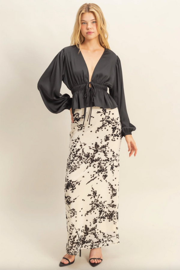 Deep V Peasant Blouse - Black