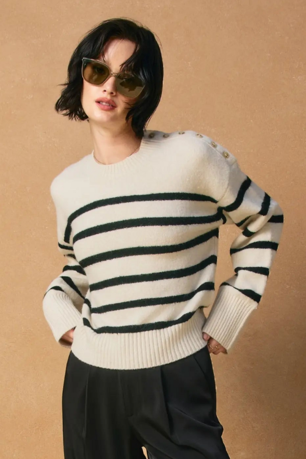 Kelly Button Striped Sweater - Ivory & Black