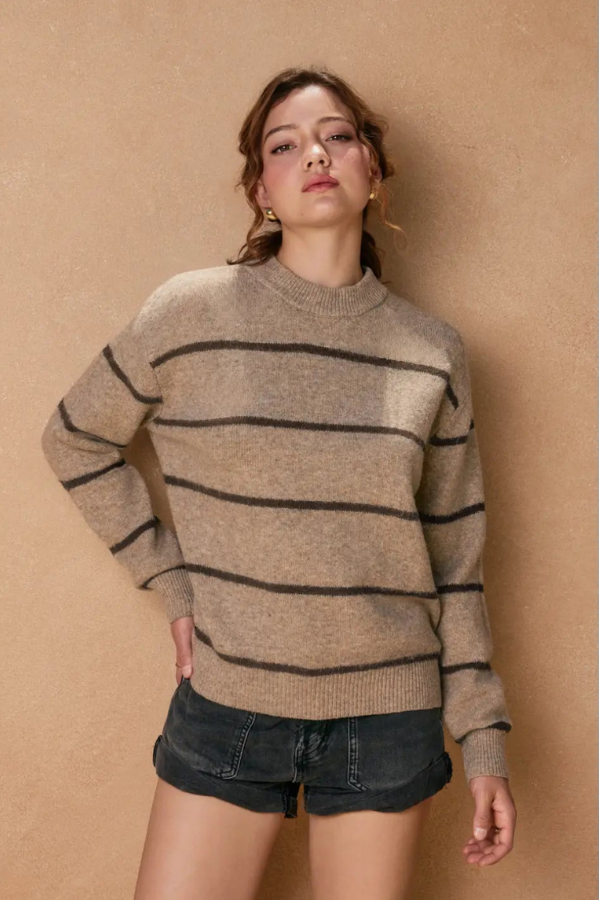 Eva Crewneck Striped Sweater Mocha Brown Maude - Main Image