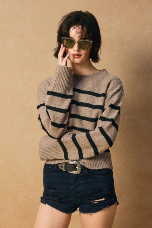 Kelly Button Striped Sweater - Mocha & Black