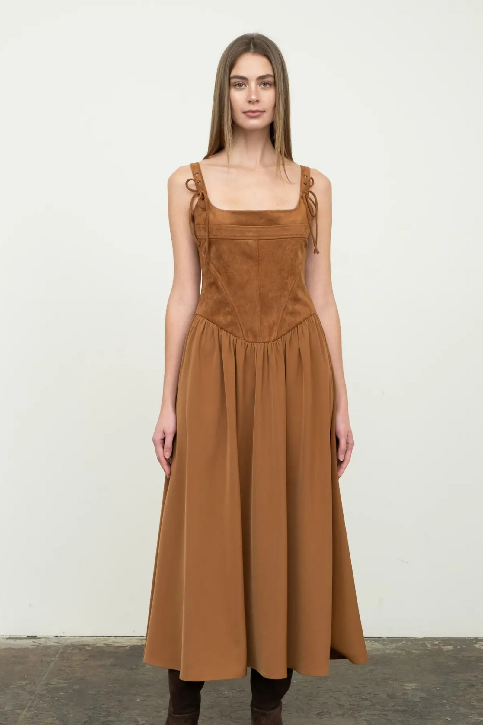 Faux Suede Corset Midi Dress