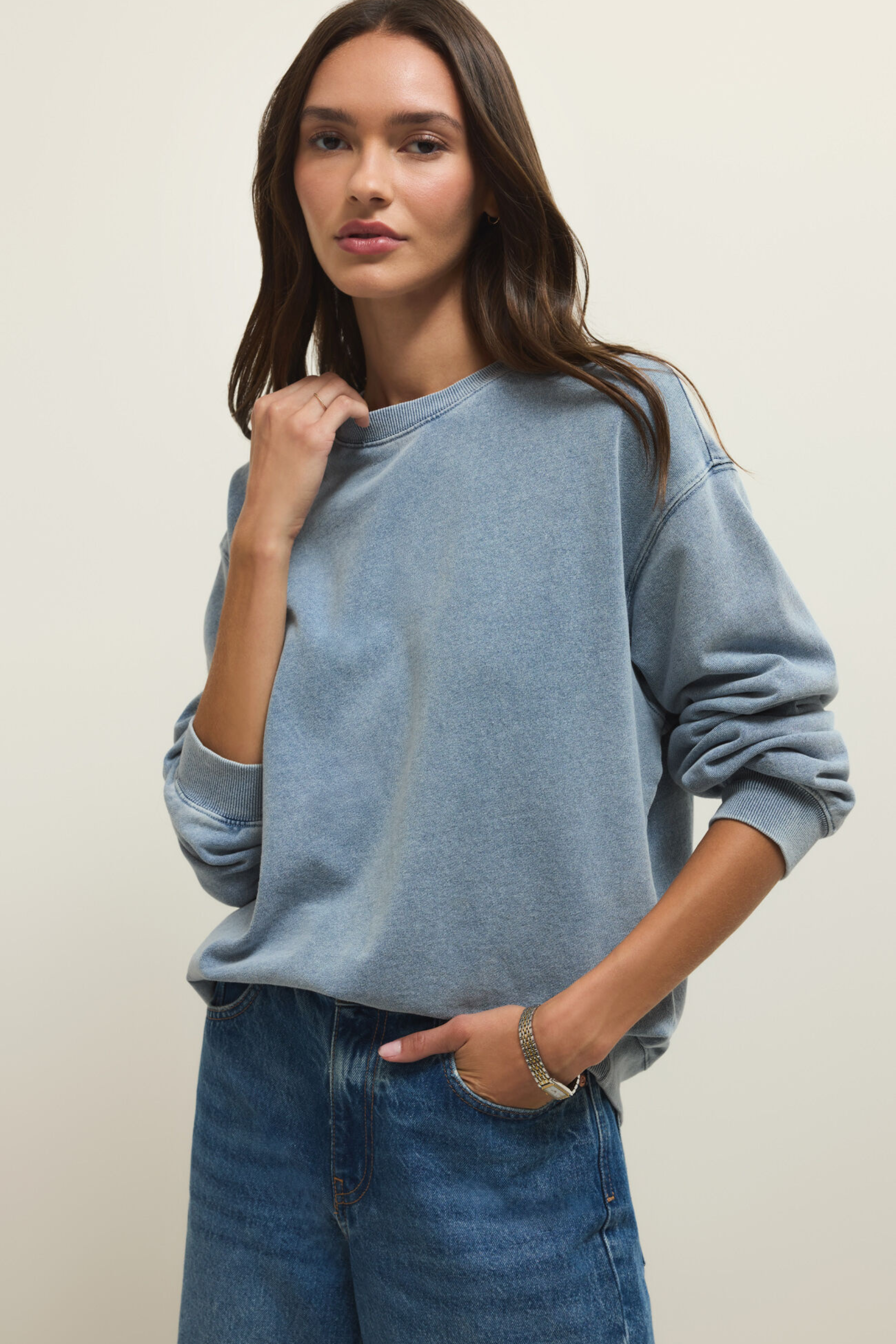 Z Supply Boyfriend Denim Sweatshirt - Ocean Air Indigo