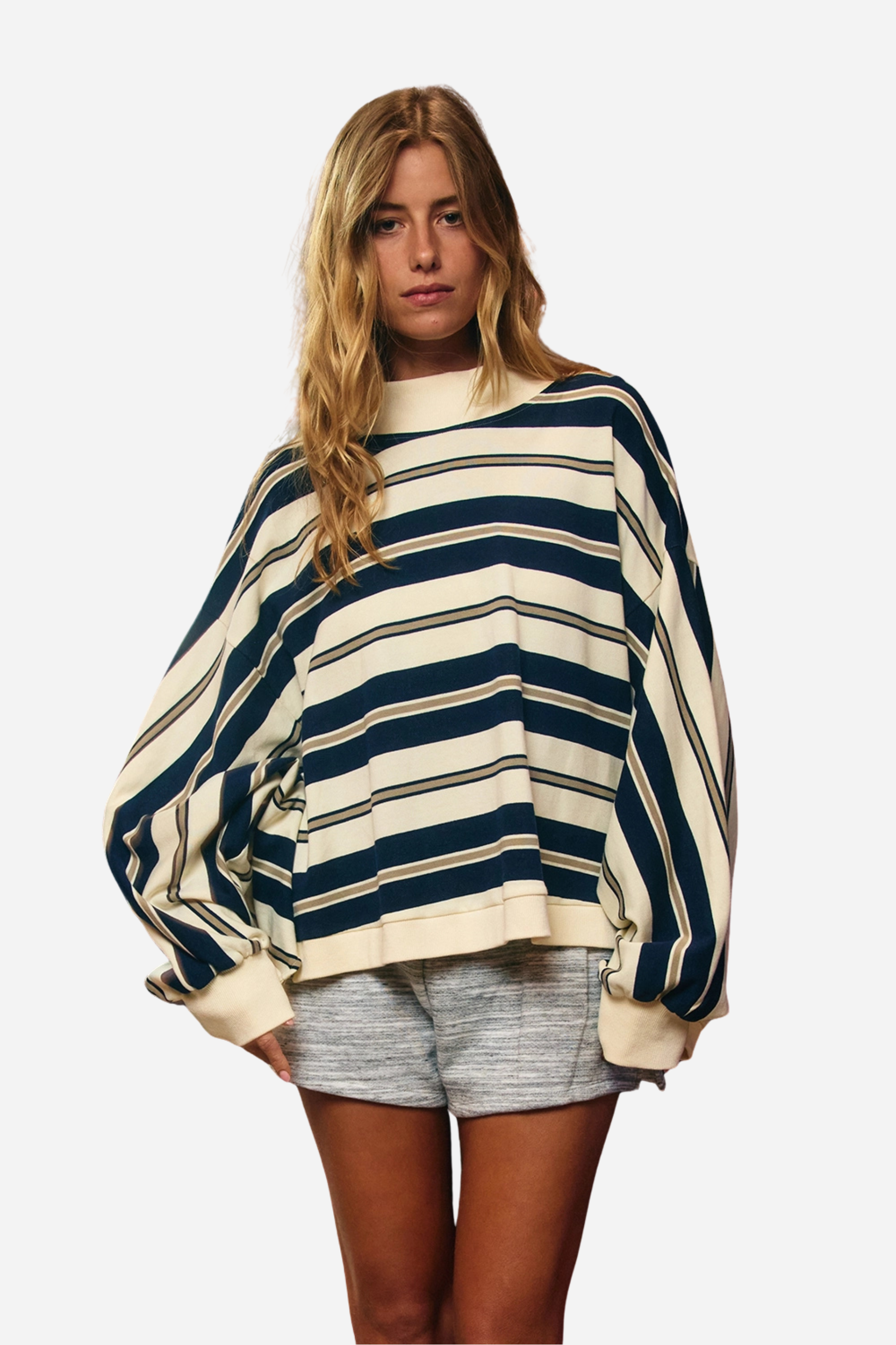 Striped Oversized Crewneck Top - Navy