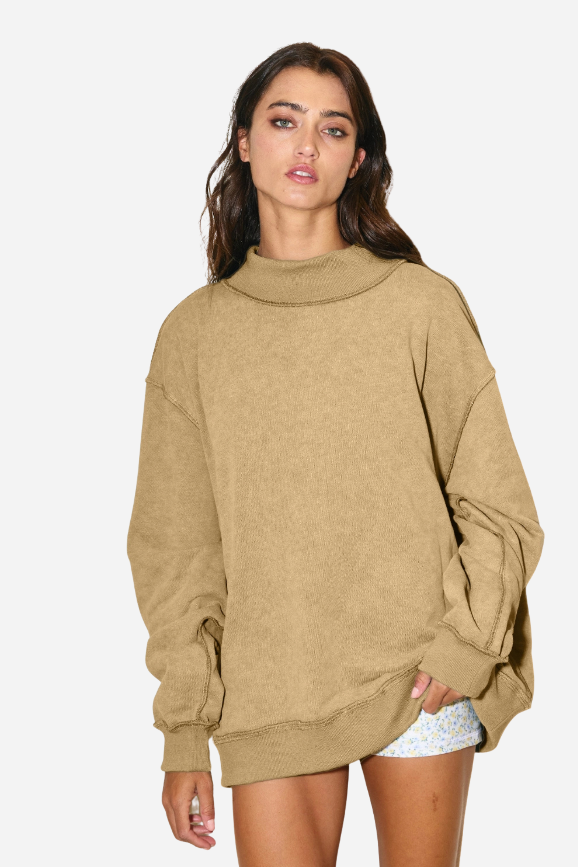 Vintage Washed Mock Neck Sweatshirt - Taupe