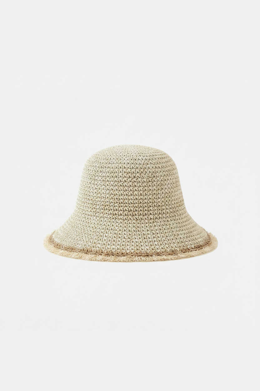 Wide Brimmed Woven Straw Bucket Hat - Beige