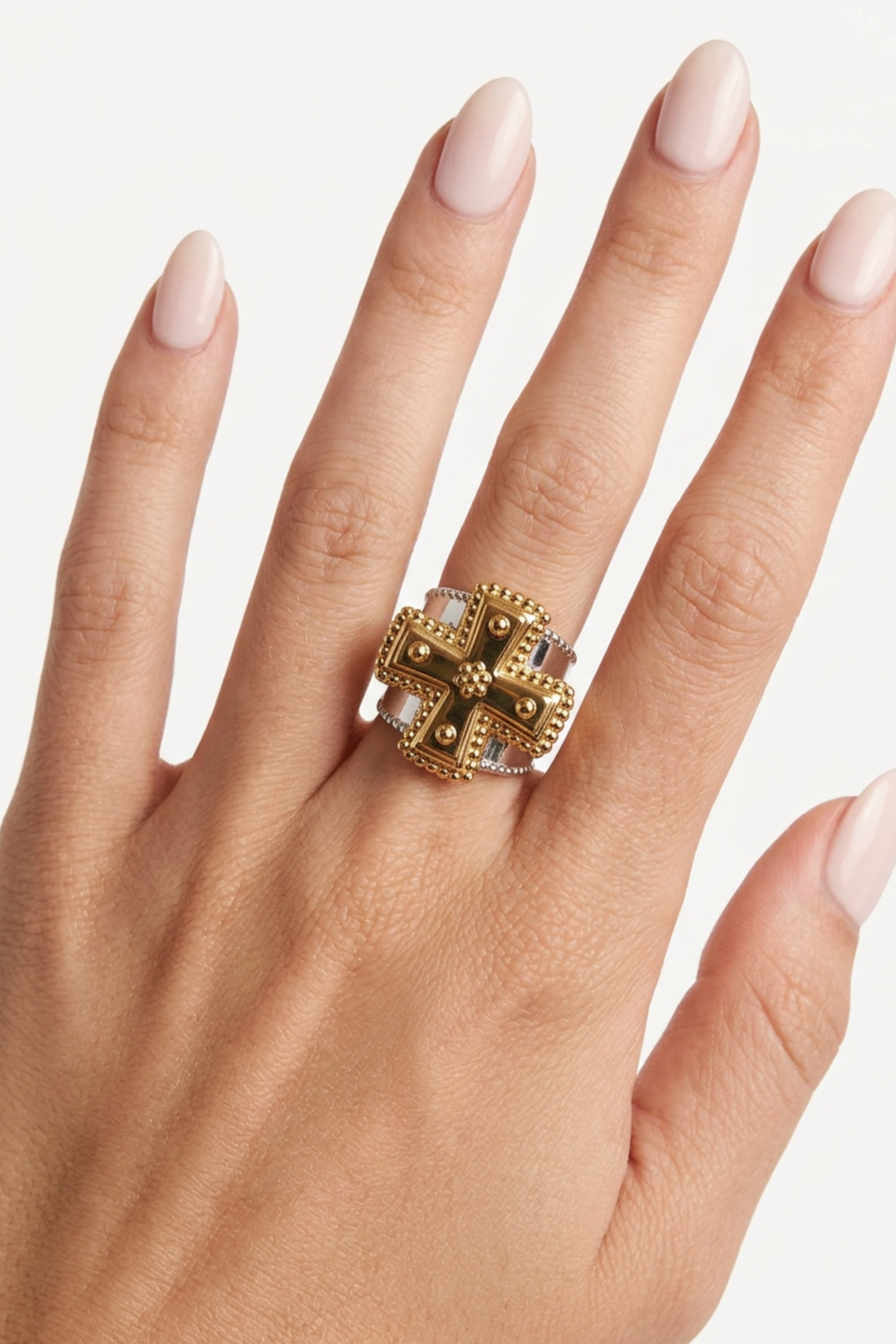 18K Hammered Cross Ring - Mixed Metal