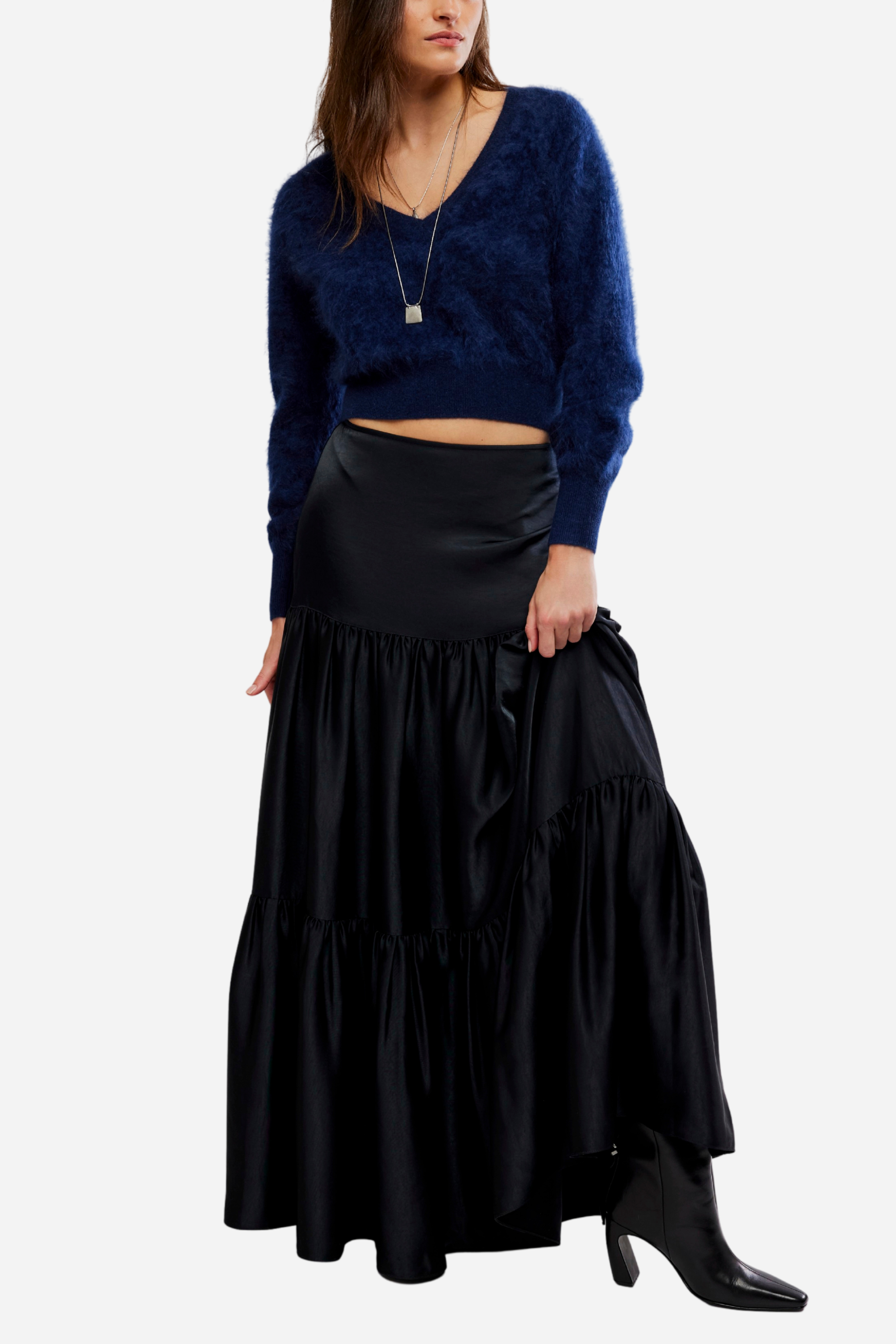 Free People - Juliette Satin Maxi Skirt - Black