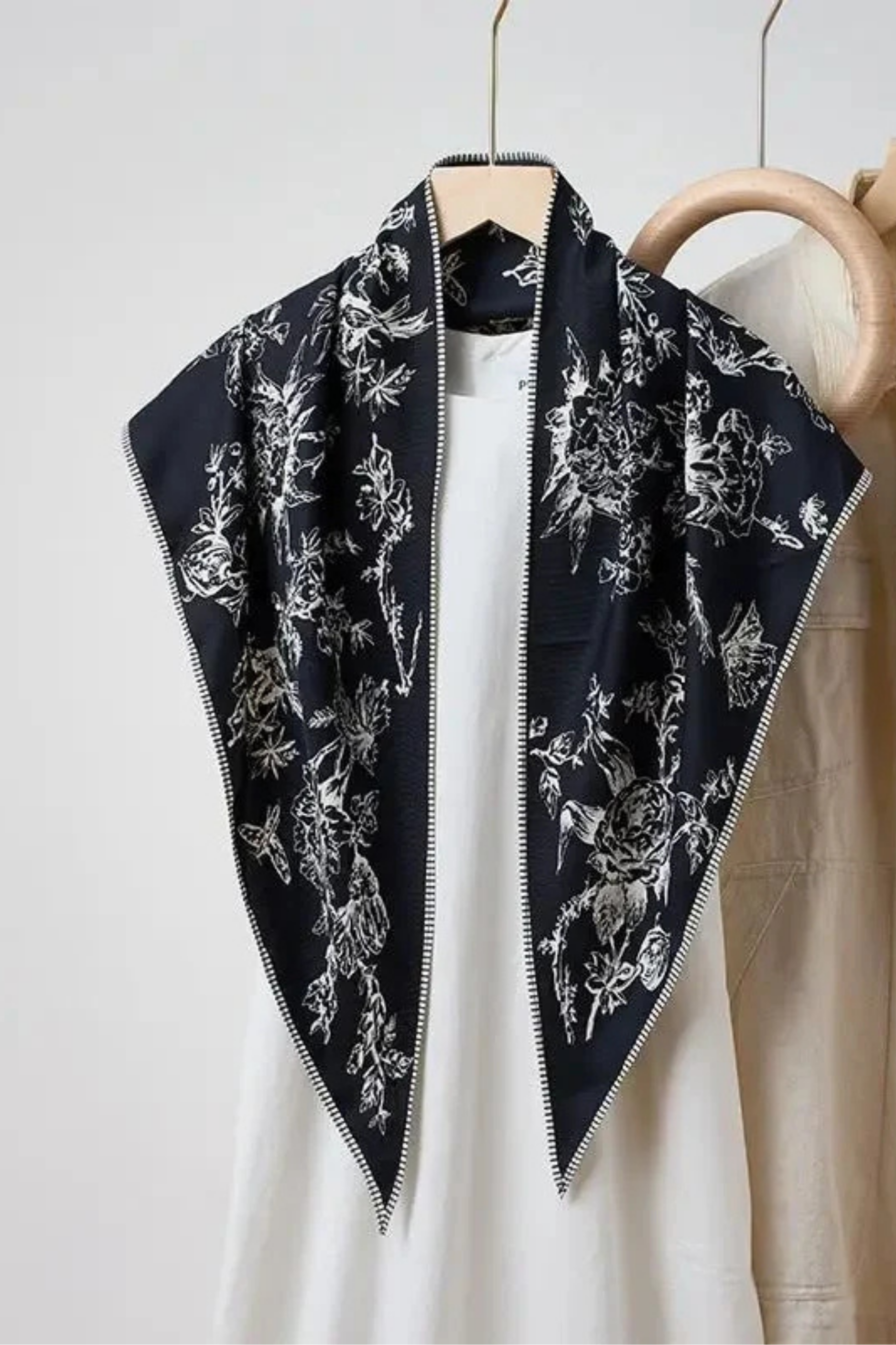 Vintage Floral Triangle Silky Scarf - Black