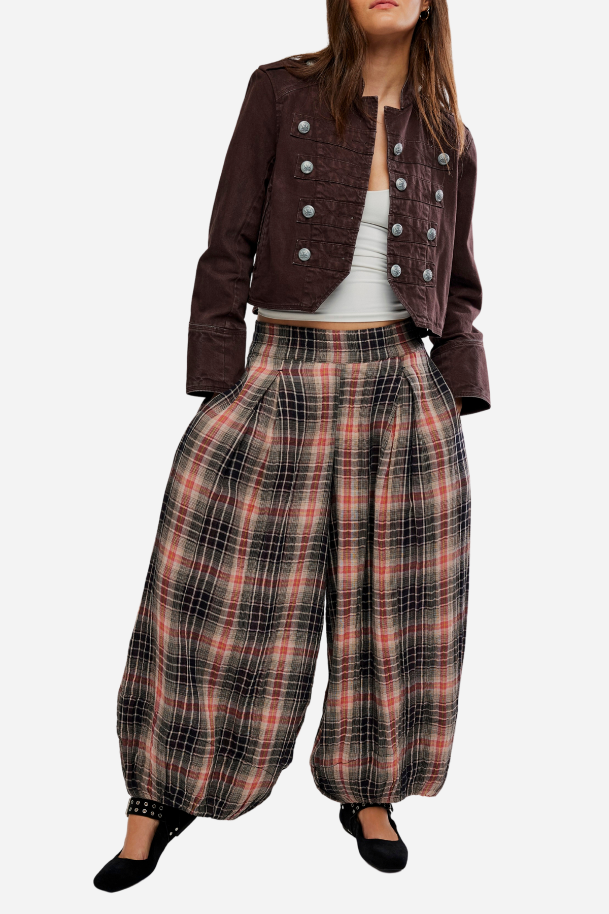 Free People - Moonflower Plaid Balloon Pants - Black