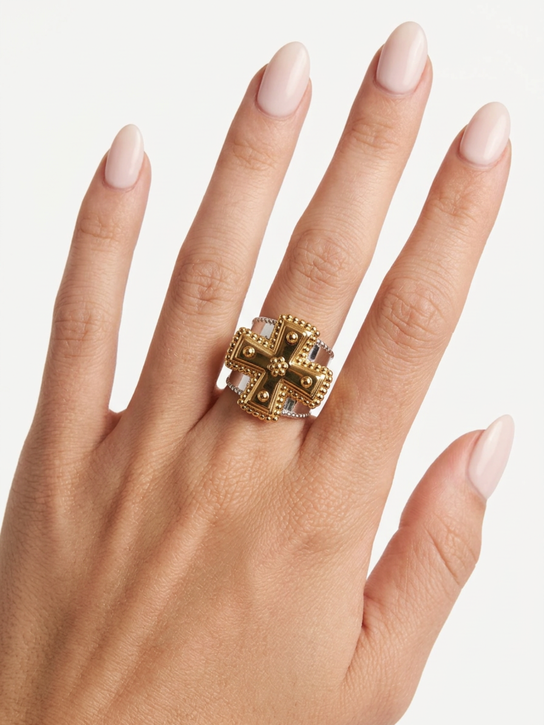 18K Hammered Cross Ring - Mixed Metal