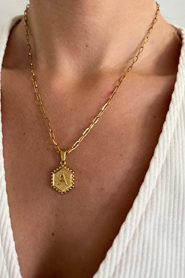 18K Hexagon Pendant Initial Necklace