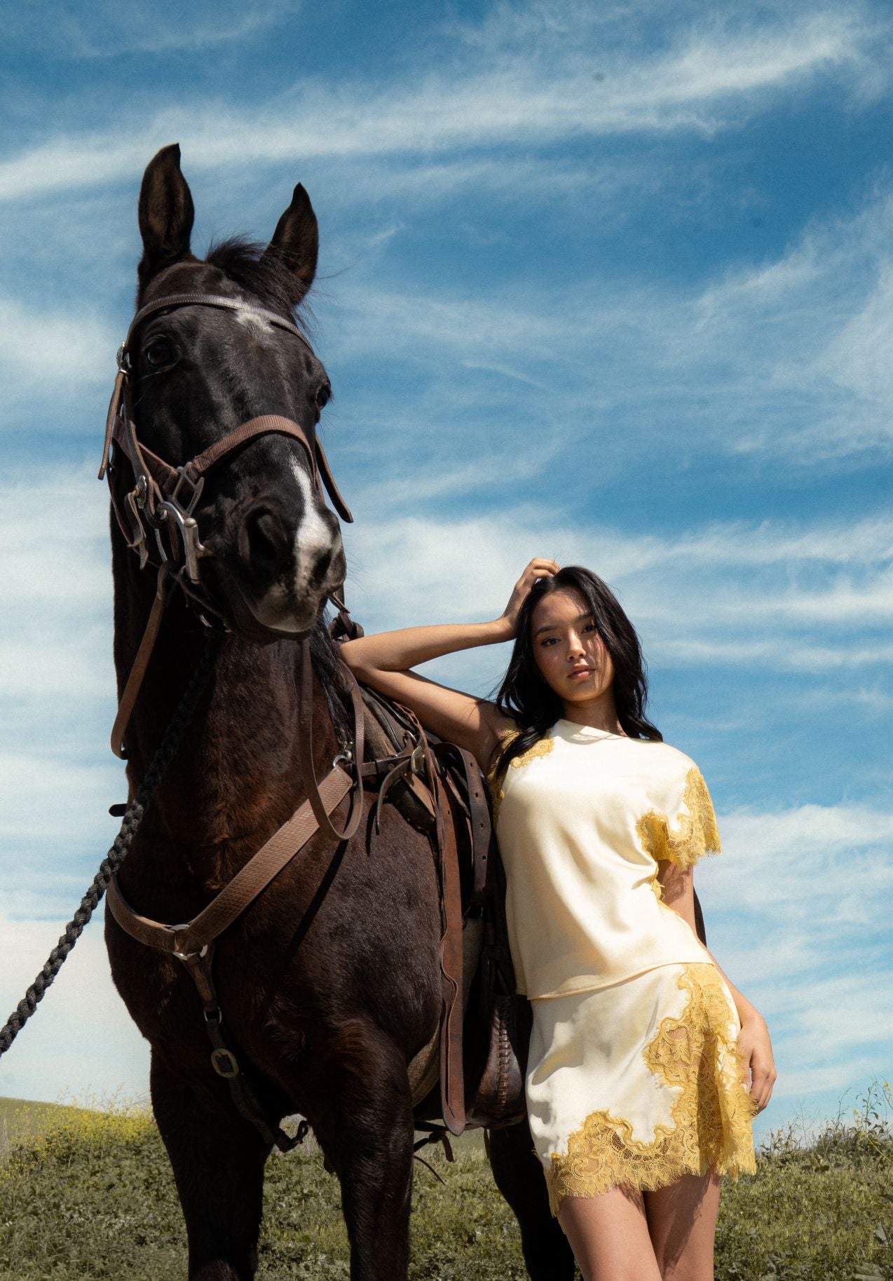 Gold Asymmetrical Lace Panel Top