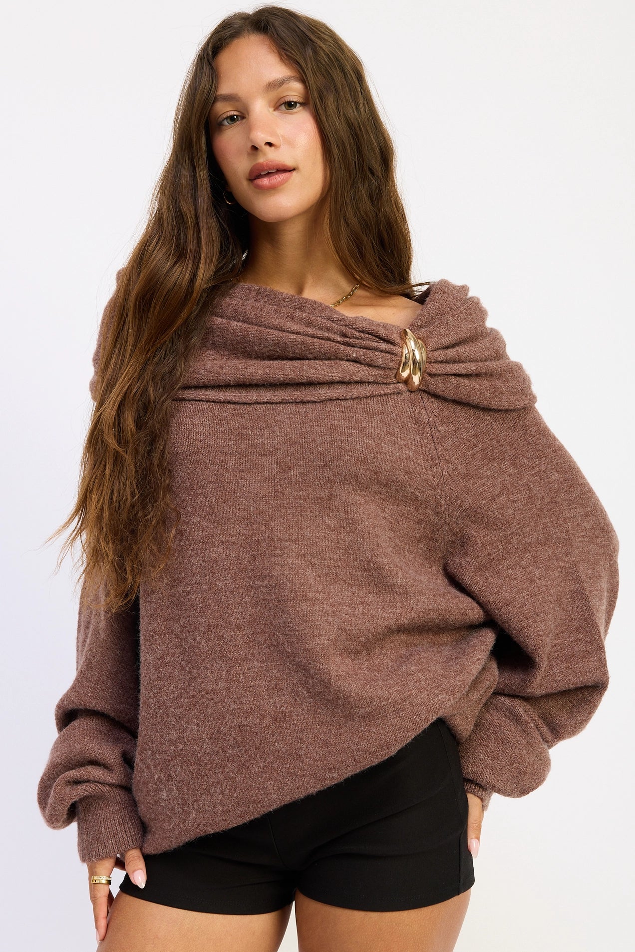 Off Shoulder Bubble Hem Sweater - Chocolate