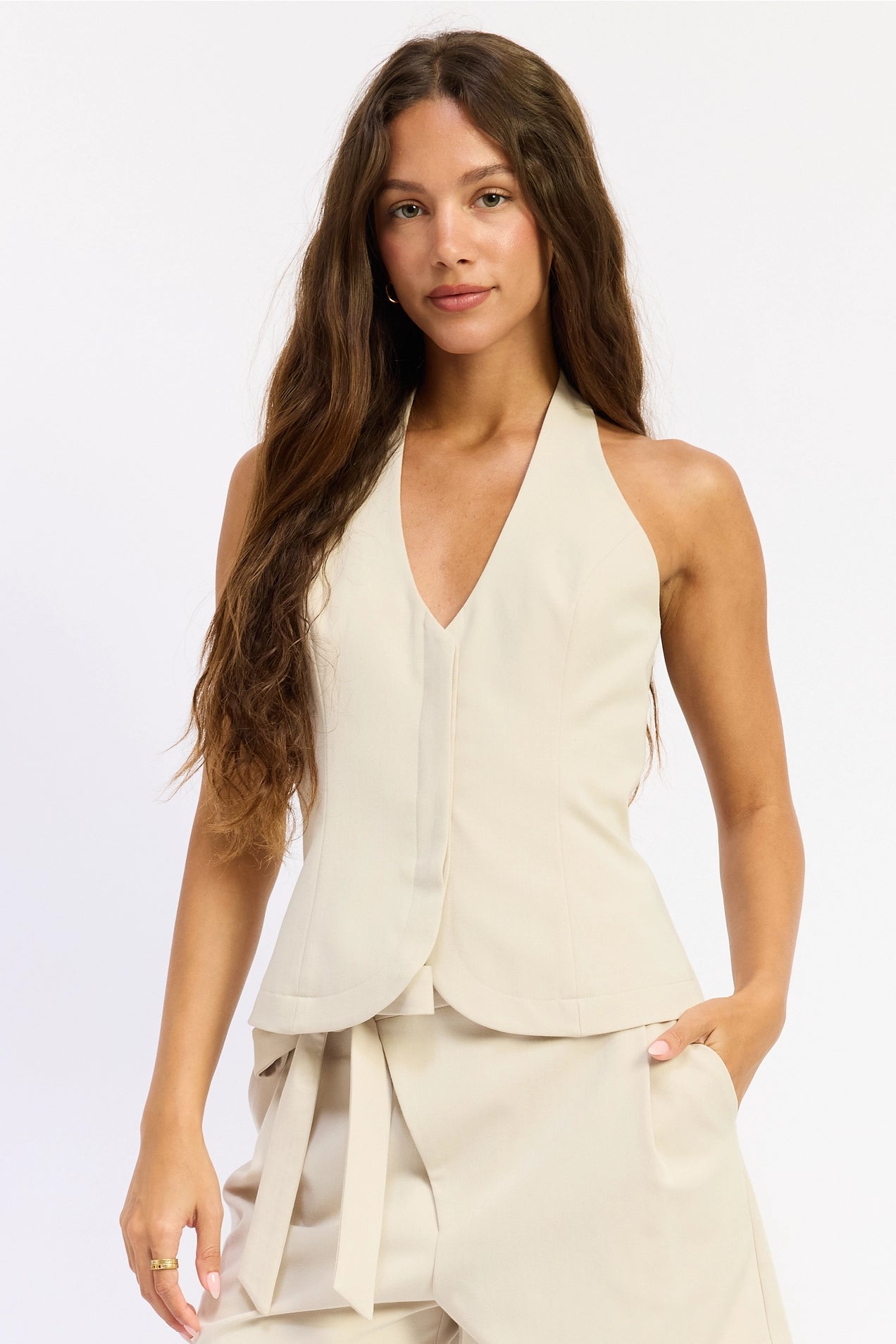 V Neck Halter Vest - Oatmeal